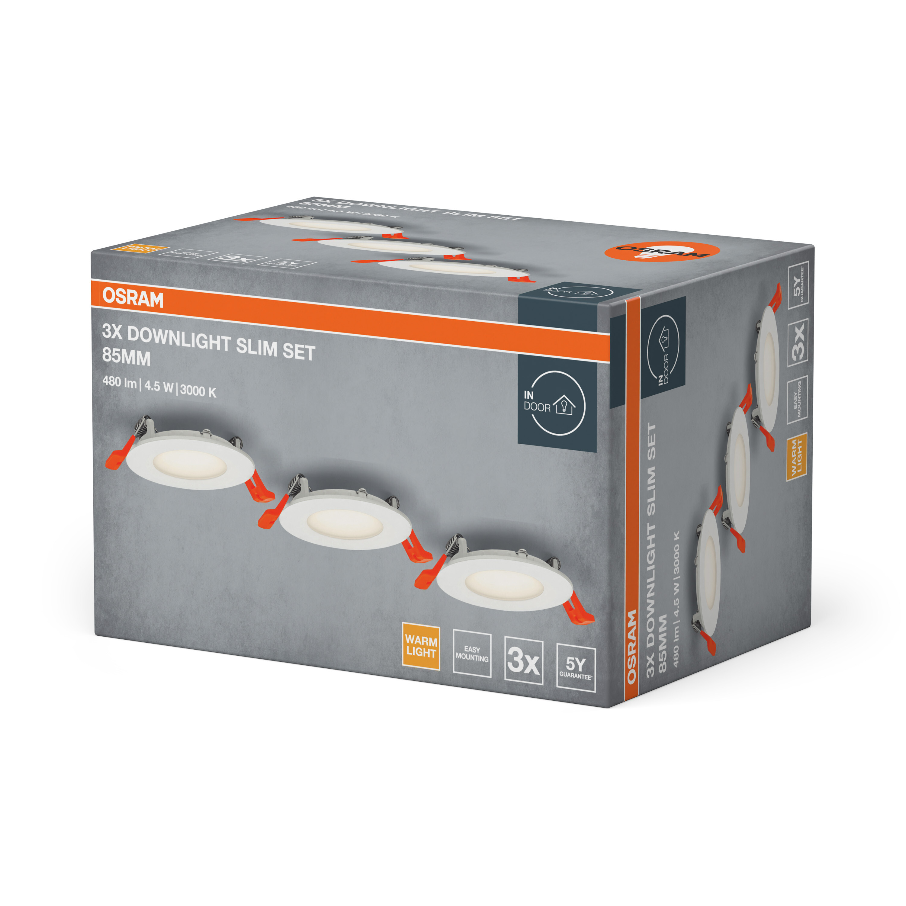 Verpackung von Osram 3x Downlight Slim Set 85mm mit drei runden Leuchten.