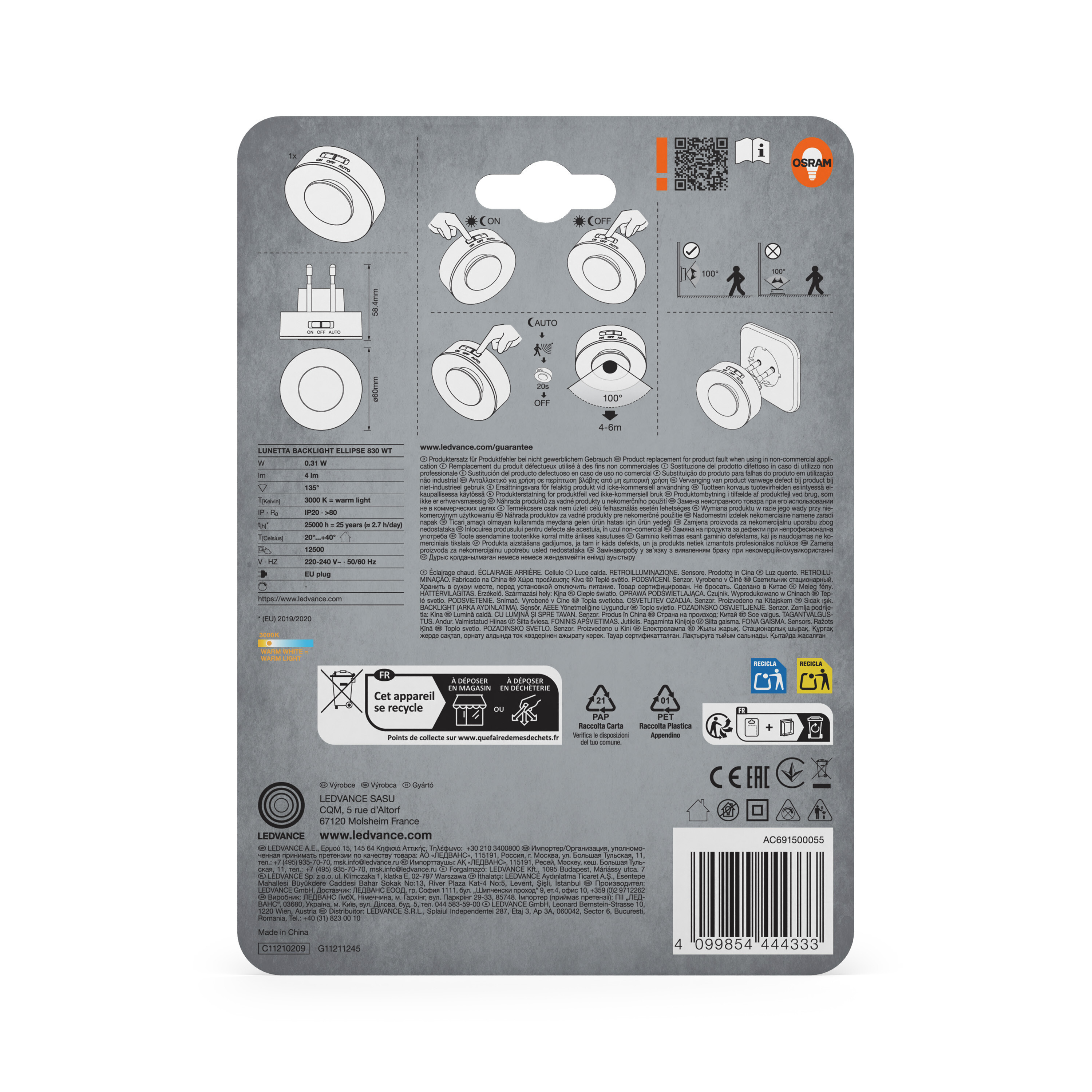 Verpackung für Osram Lunetta Backlight Ellipse Leuchte. Enthält Spezifikationen und Anleitungen.
