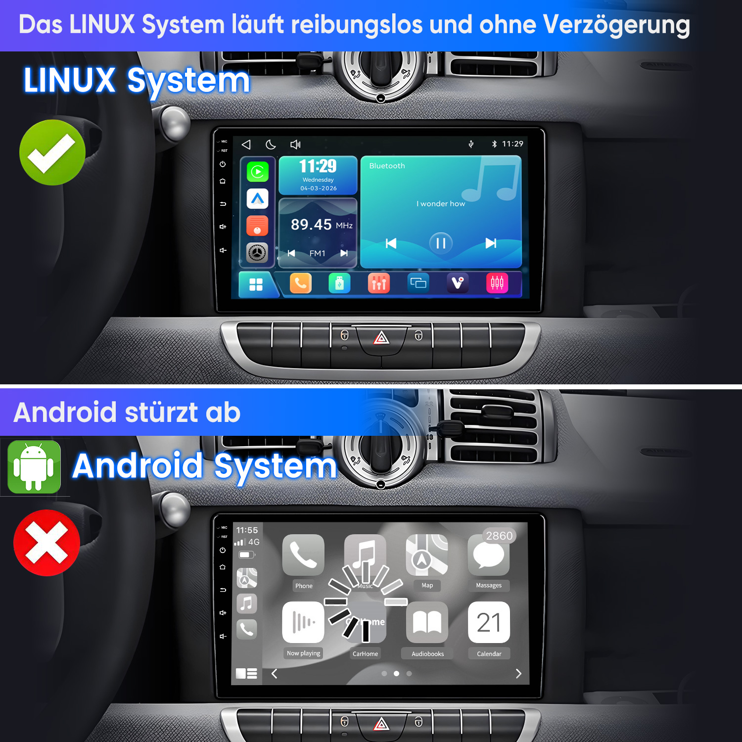 Oben: Linux-System läuft. Unten: Android-System stürzt ab. Beide zeigen Autoradios.