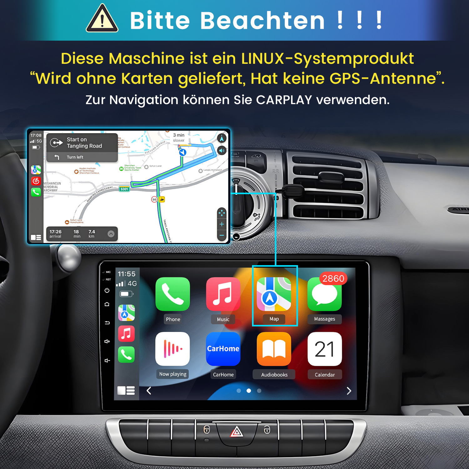 Auto-Infotainment mit Navigation und App-Icons. Warnhinweis auf Deutsch.