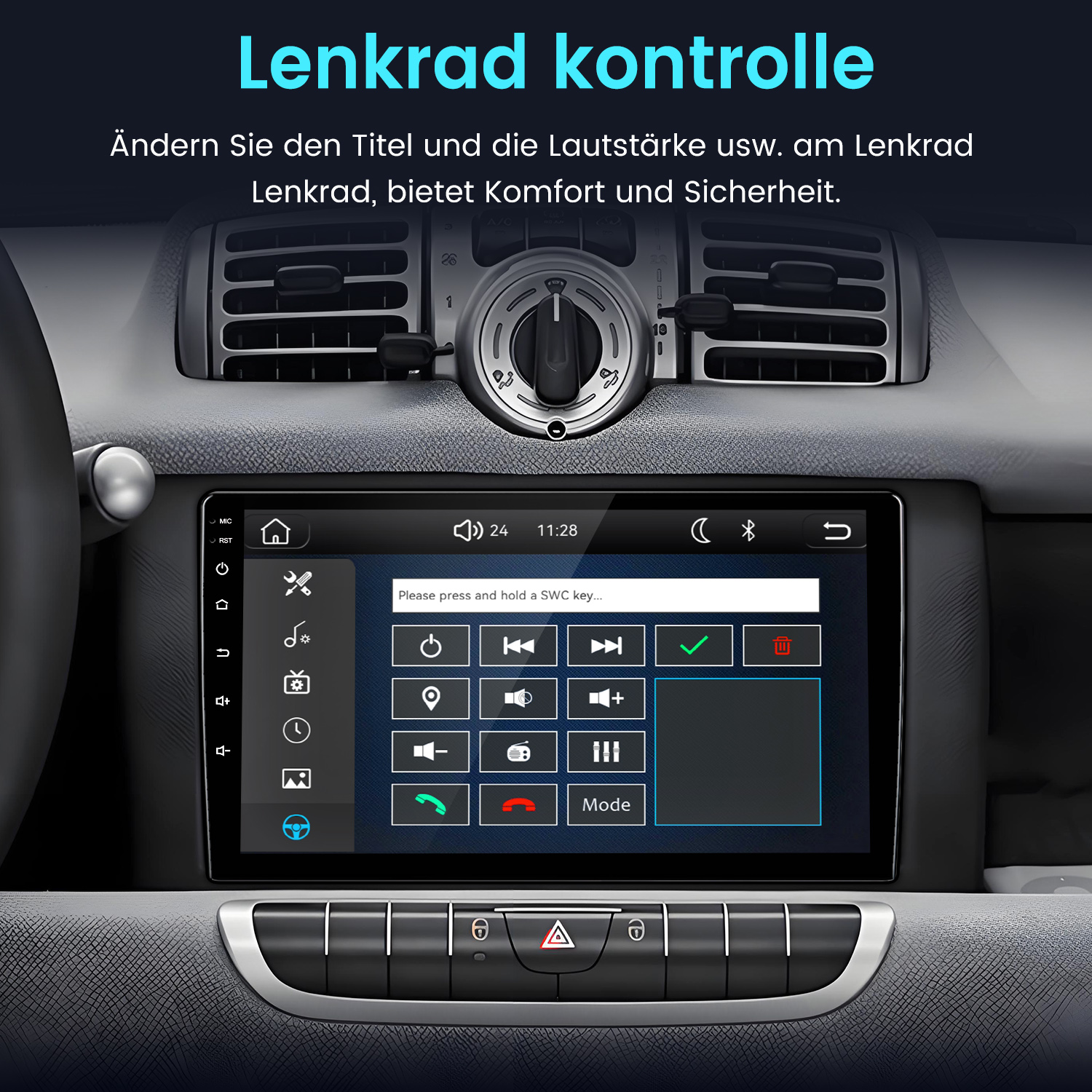 Ein Autoradio-Bildschirm zeigt Lenkrad-Steuerungsoptionen und Symbole.