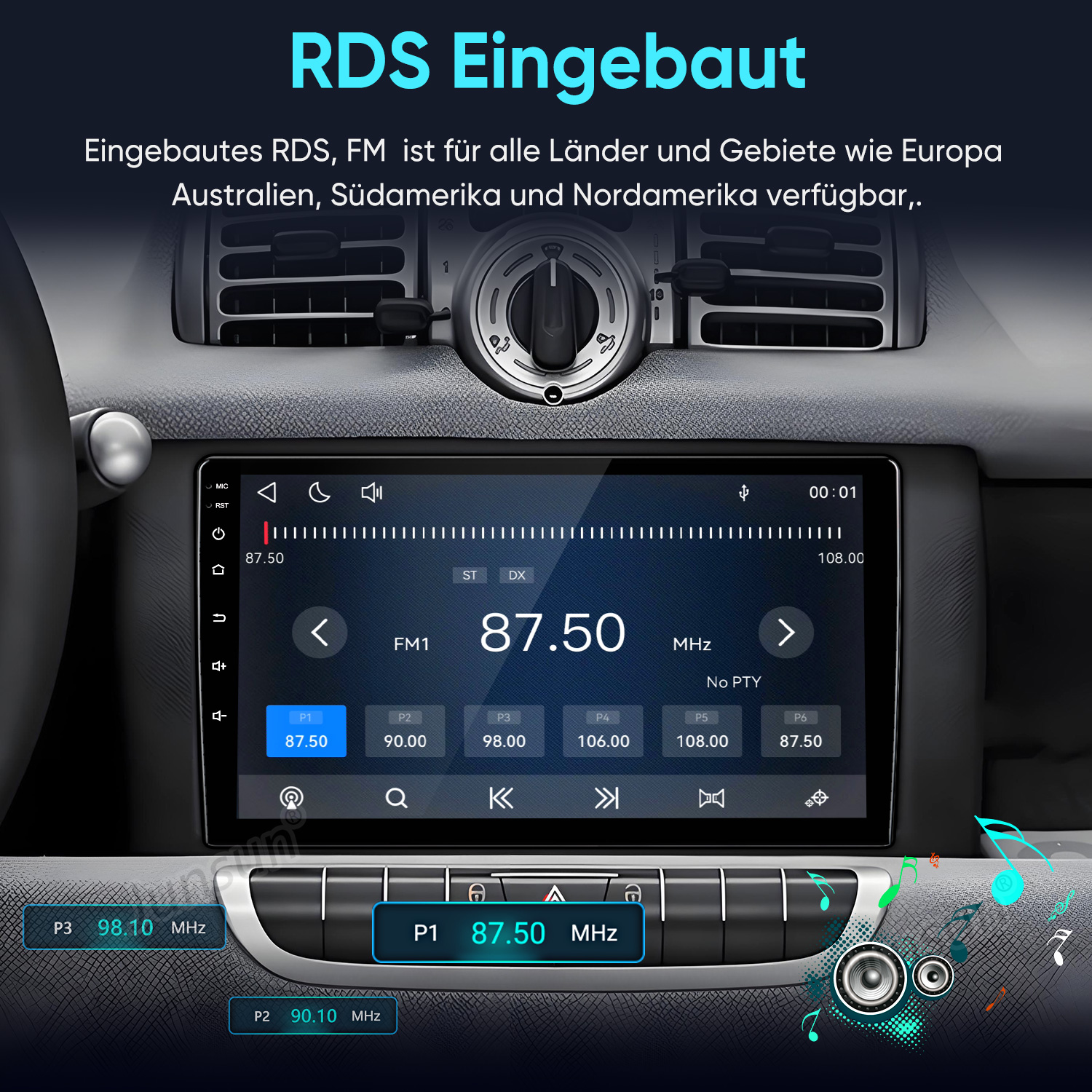Das Bild zeigt ein Auto-Radio-Display mit RDS-Funktion. Sender 87.50 MHz ist aktiv.