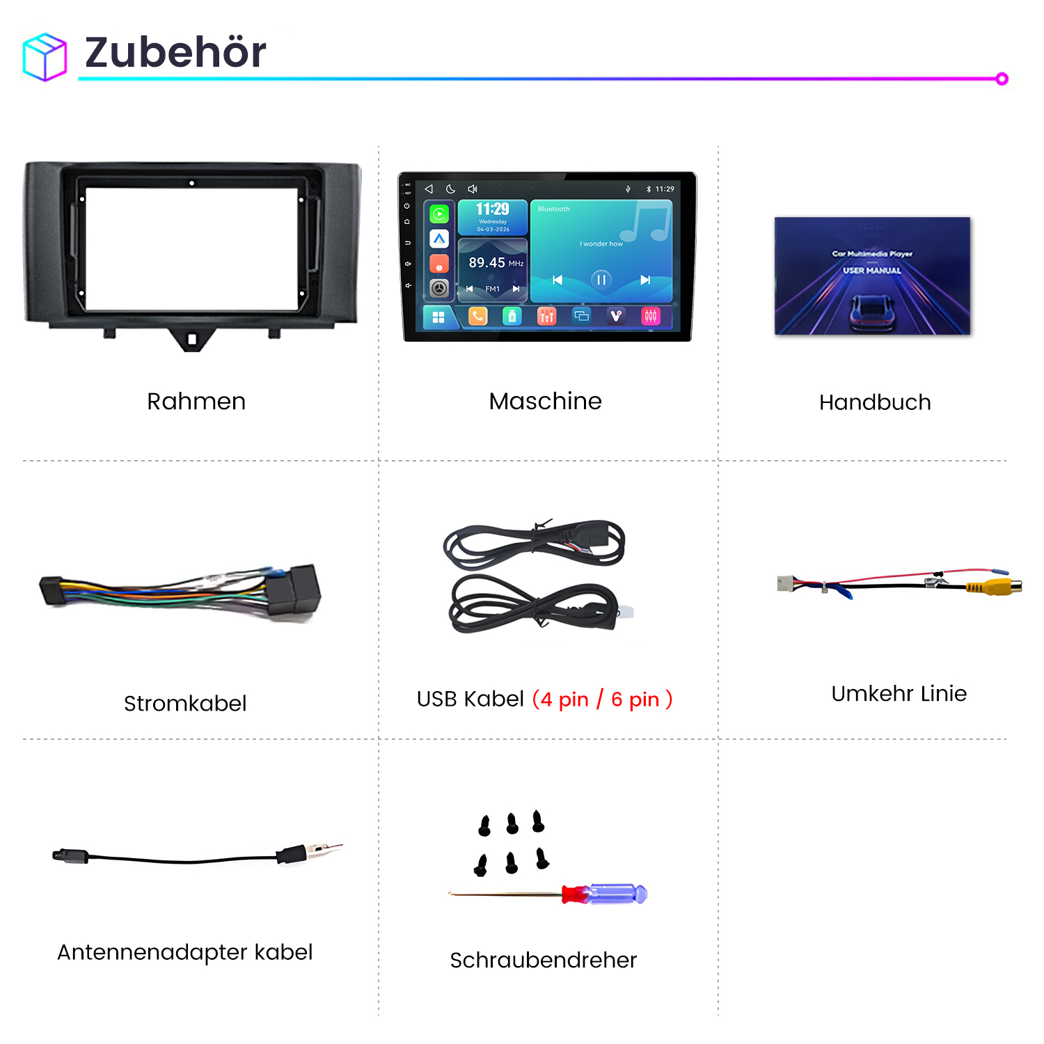 Zubehör: Rahmen, Maschine, Handbuch, Stromkabel, USB-Kabel, Umkehrlinie, Antennenkabel, Schraubendreher.