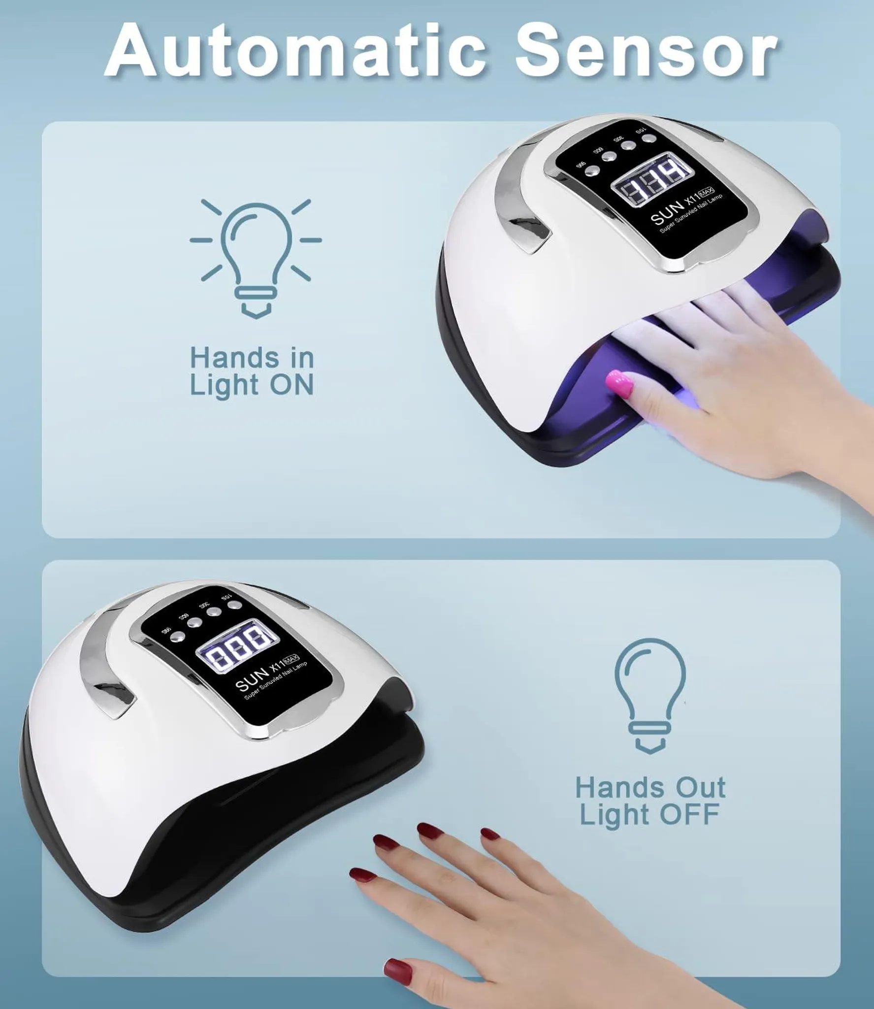 Weiße Nagellampe mit Digitalanzeige. Oben: Hand mit rosa Nägeln drin, Licht AN. Unten: Hand mit roten Nägeln draußen, Licht AUS.