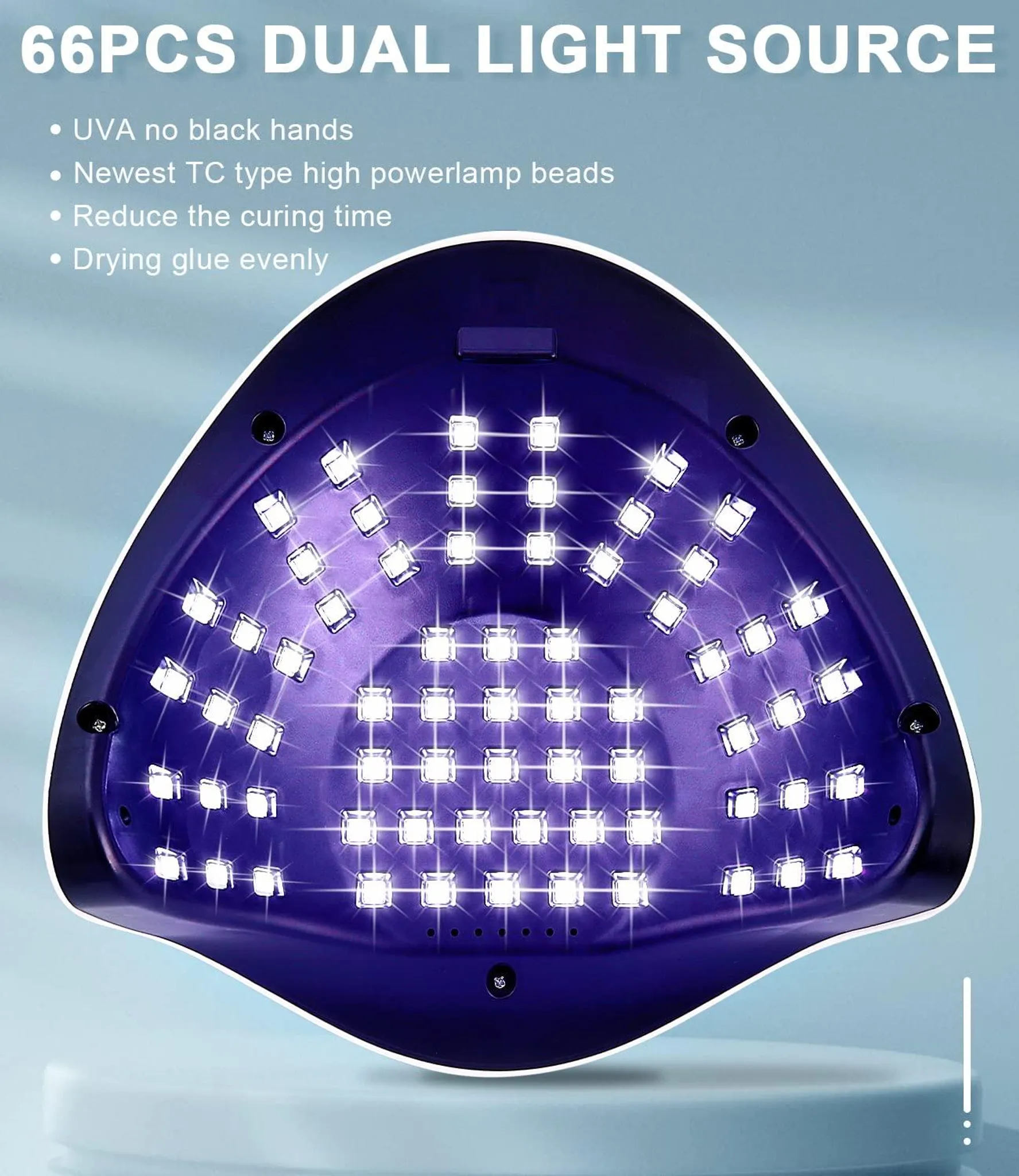 Dunkelviolette Nageltrocknerlampe mit 66 hellen LEDs und Text.