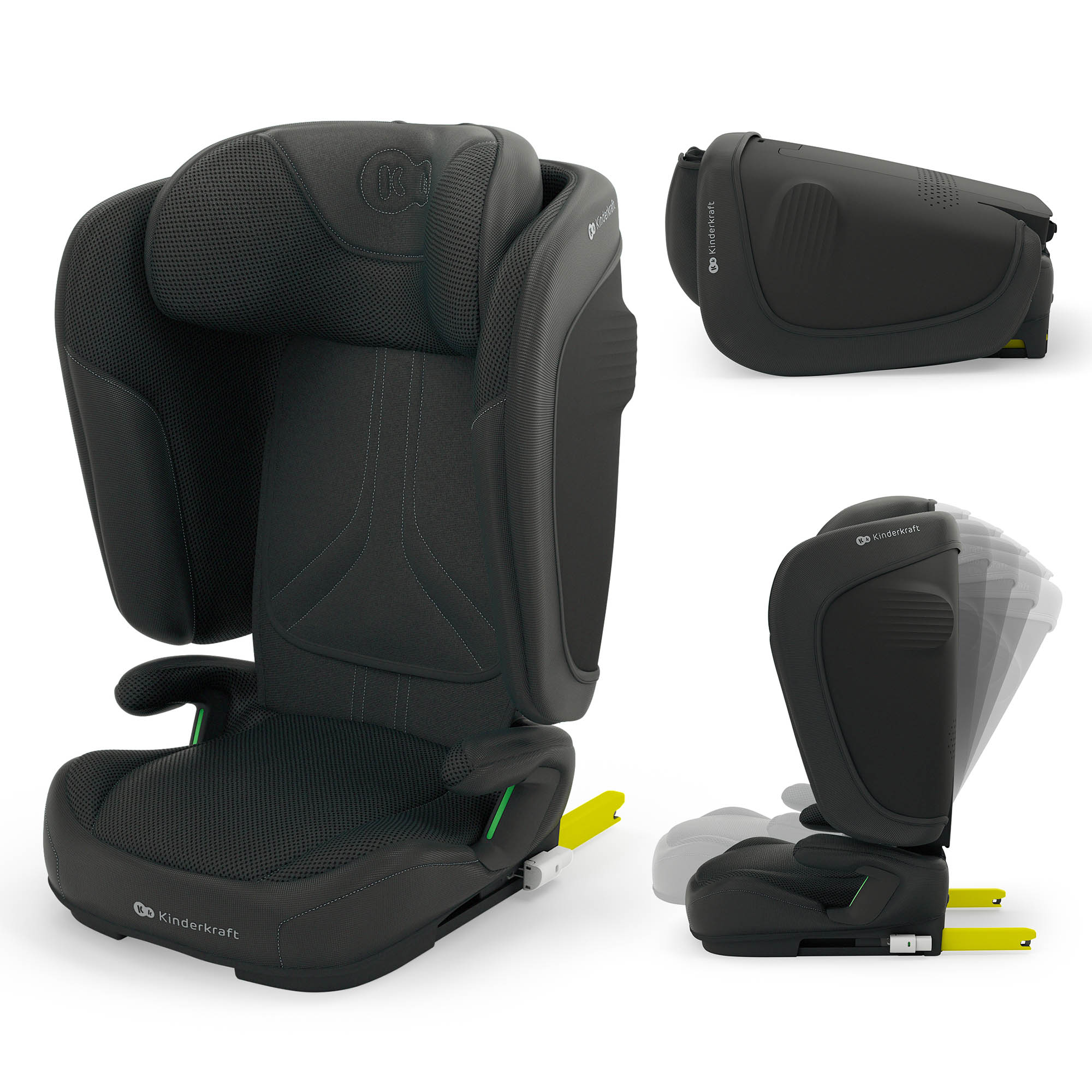 Grauer Kindersitz mit verstellbarer Kopfstütze und Isofix-Armen.