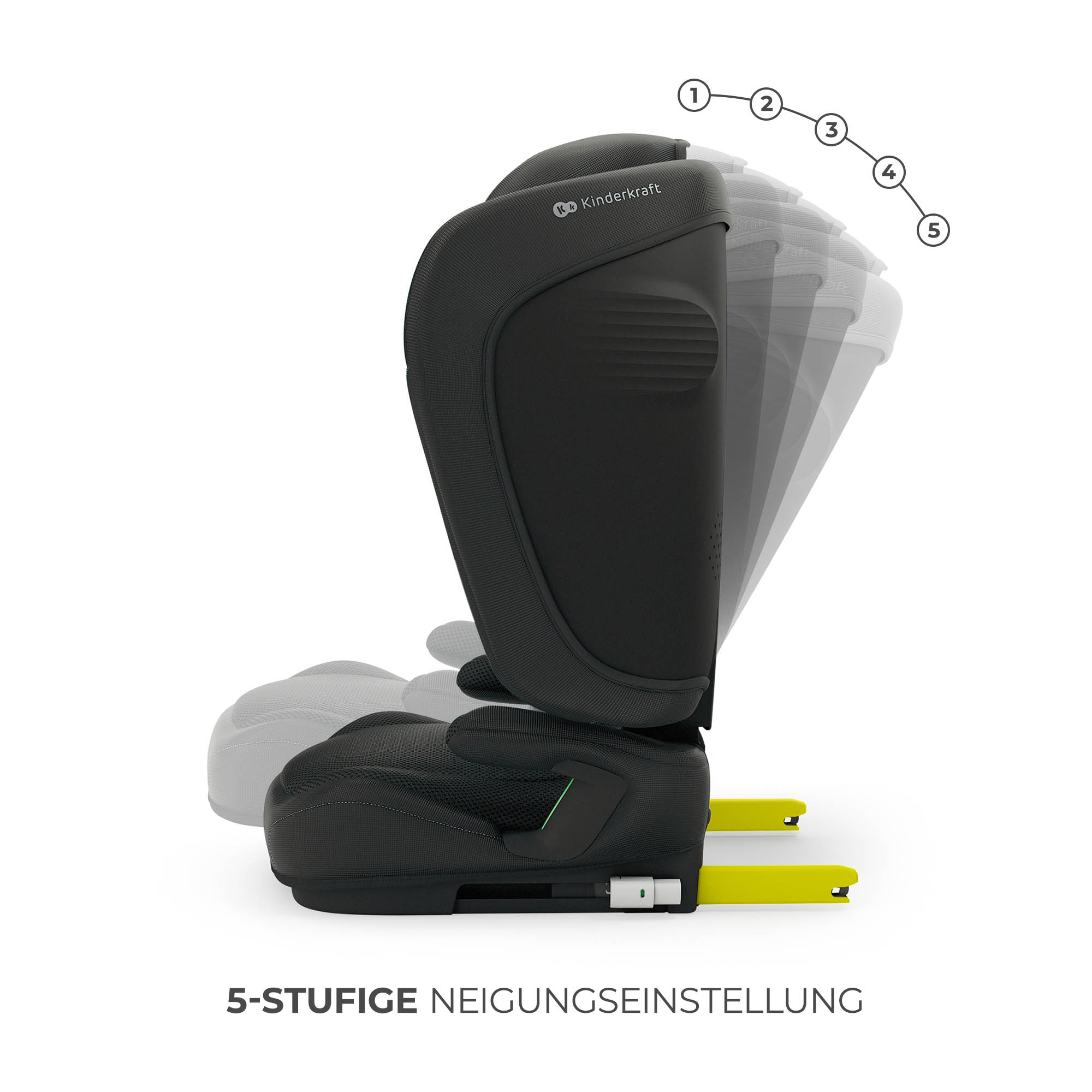 Schwarzer Kindersitz mit gelben ISOFIX-Haken und Neigungseinstellung.