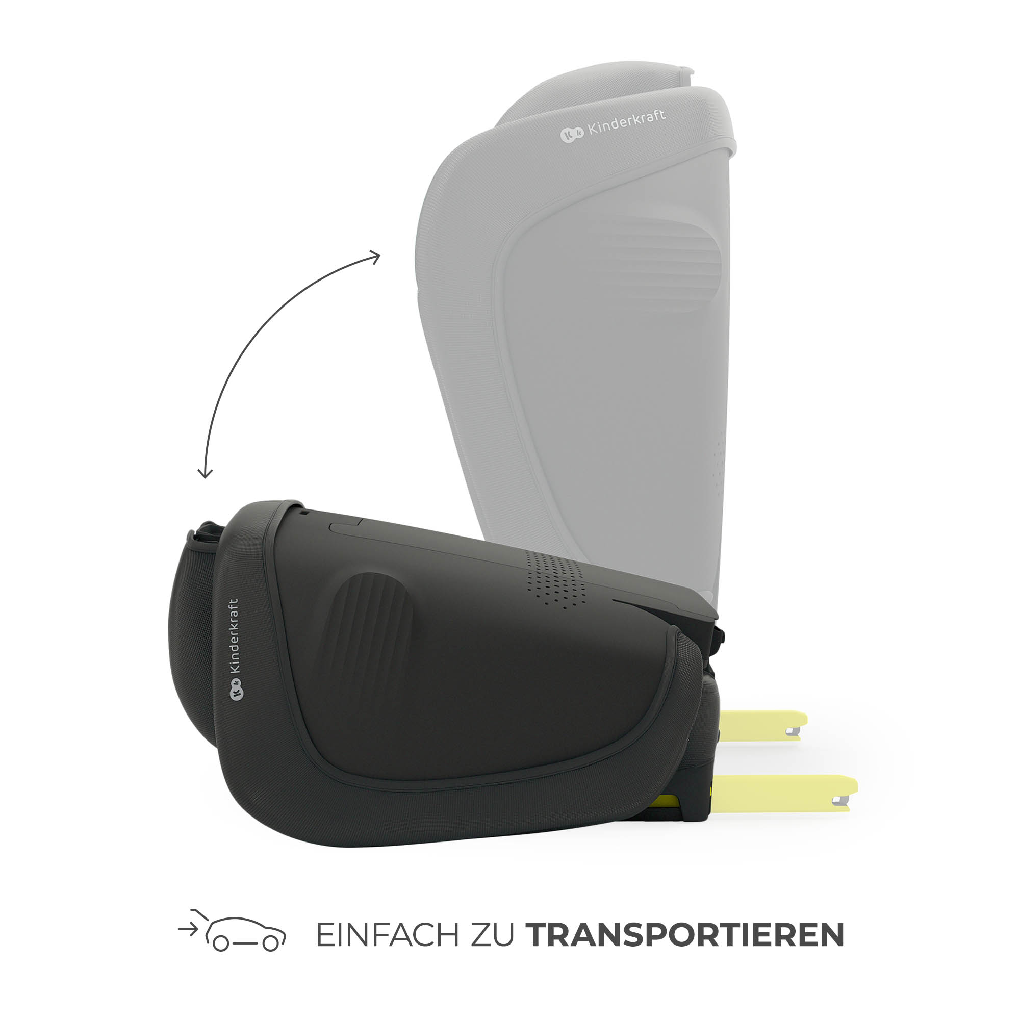 Ein schwarzer Kindersitz wird zusammengeklappt, mit gelben Stützen.