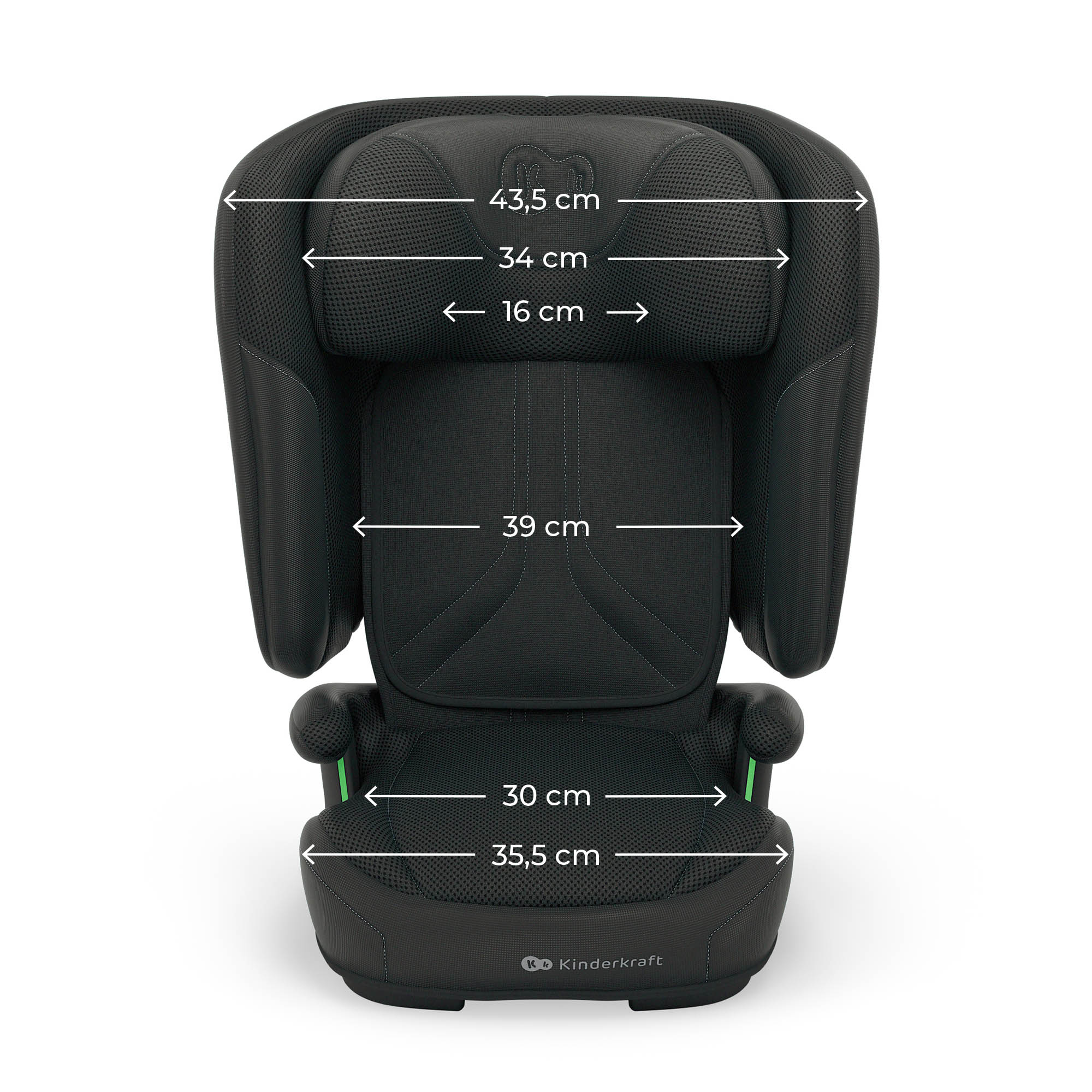Schwarzer Kindersitz mit Maßangaben: 43,5, 34, 16, 39, 30, 35,5 cm.
