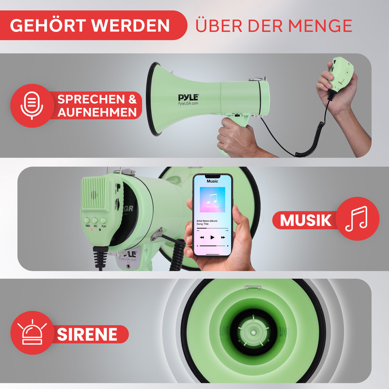 Ein hellgrünes Megafon mit Mikrofon, ein Smartphone mit Musik und ein Sirenen-Symbol.