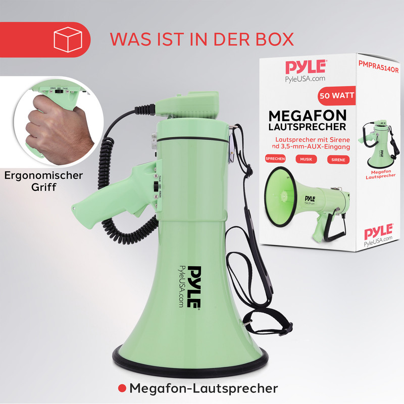 Ein hellgrüner Megafon-Lautsprecher mit Griff und Tragegurt.