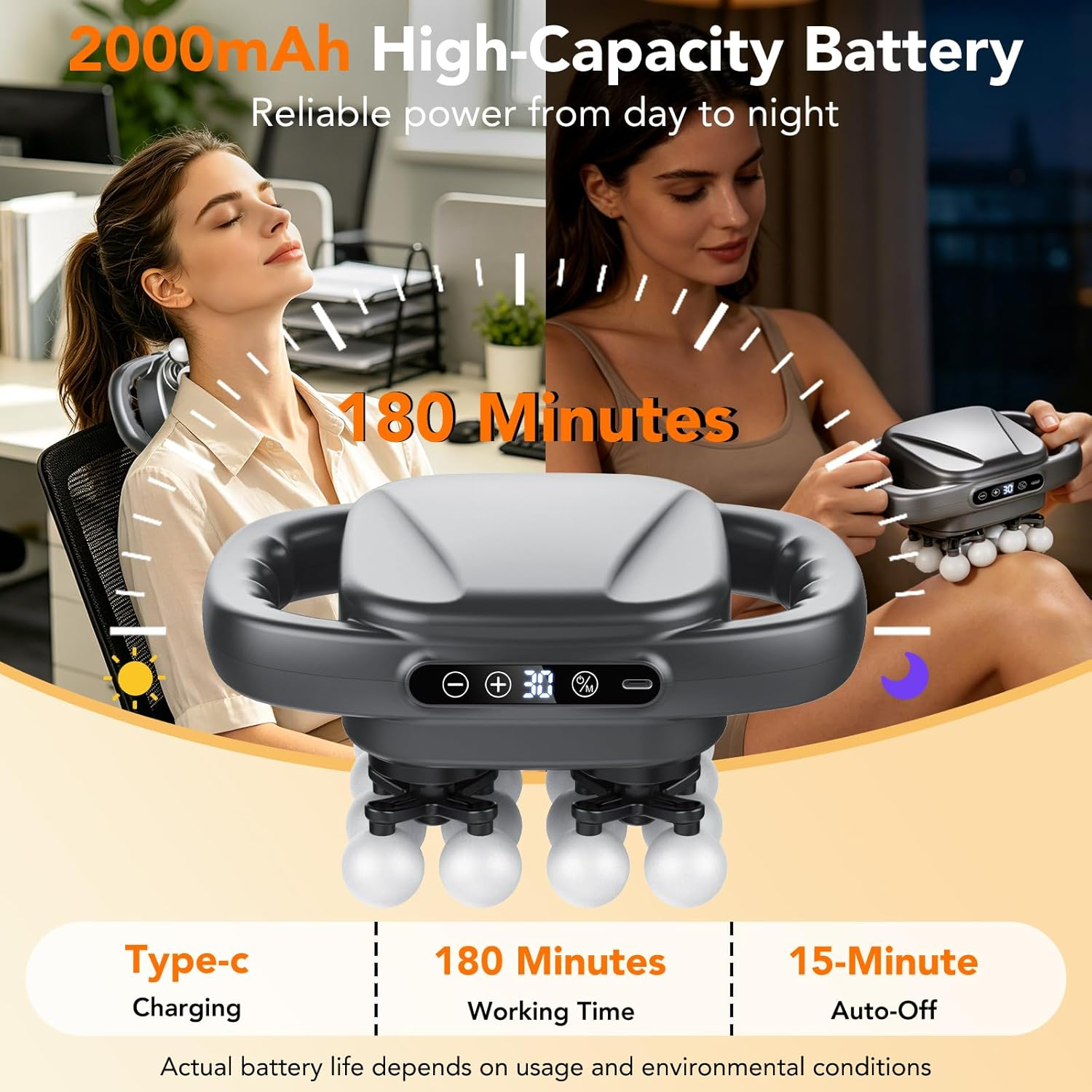 Nackenmassagegerät mit 2000 mAh Akku, 180 Minuten Laufzeit.