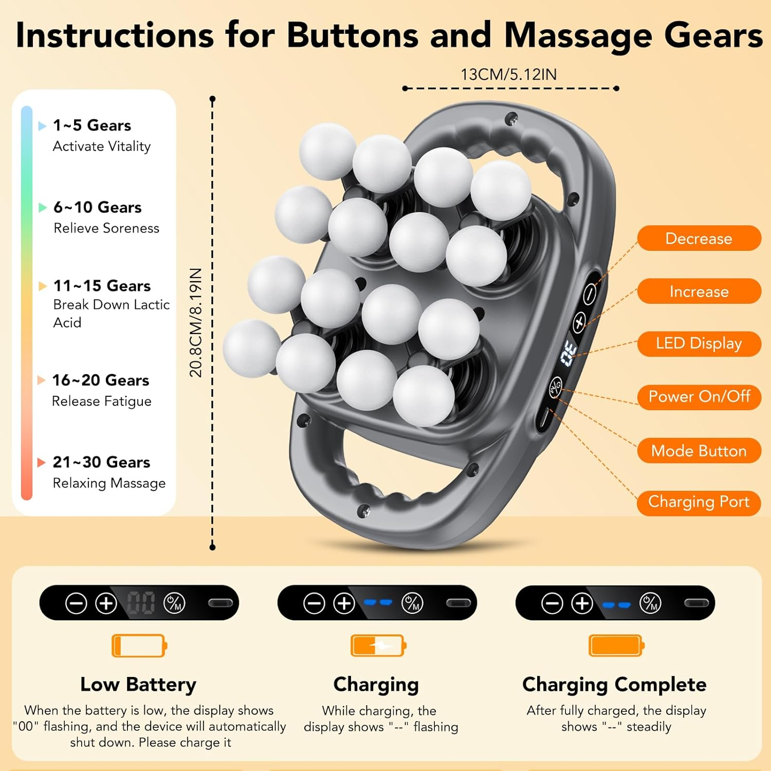 Anleitung für Tasten und Massage-Gänge. Zeigt Massagegerät mit Kugeln, Geschwindigkeitsstufen und Ladezuständen.