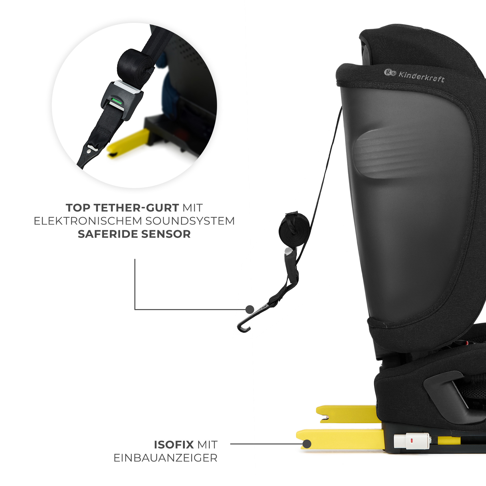 Schwarzer Kindersitz mit gelben Isofix-Haken und Top Tether-Gurt mit Sensor.