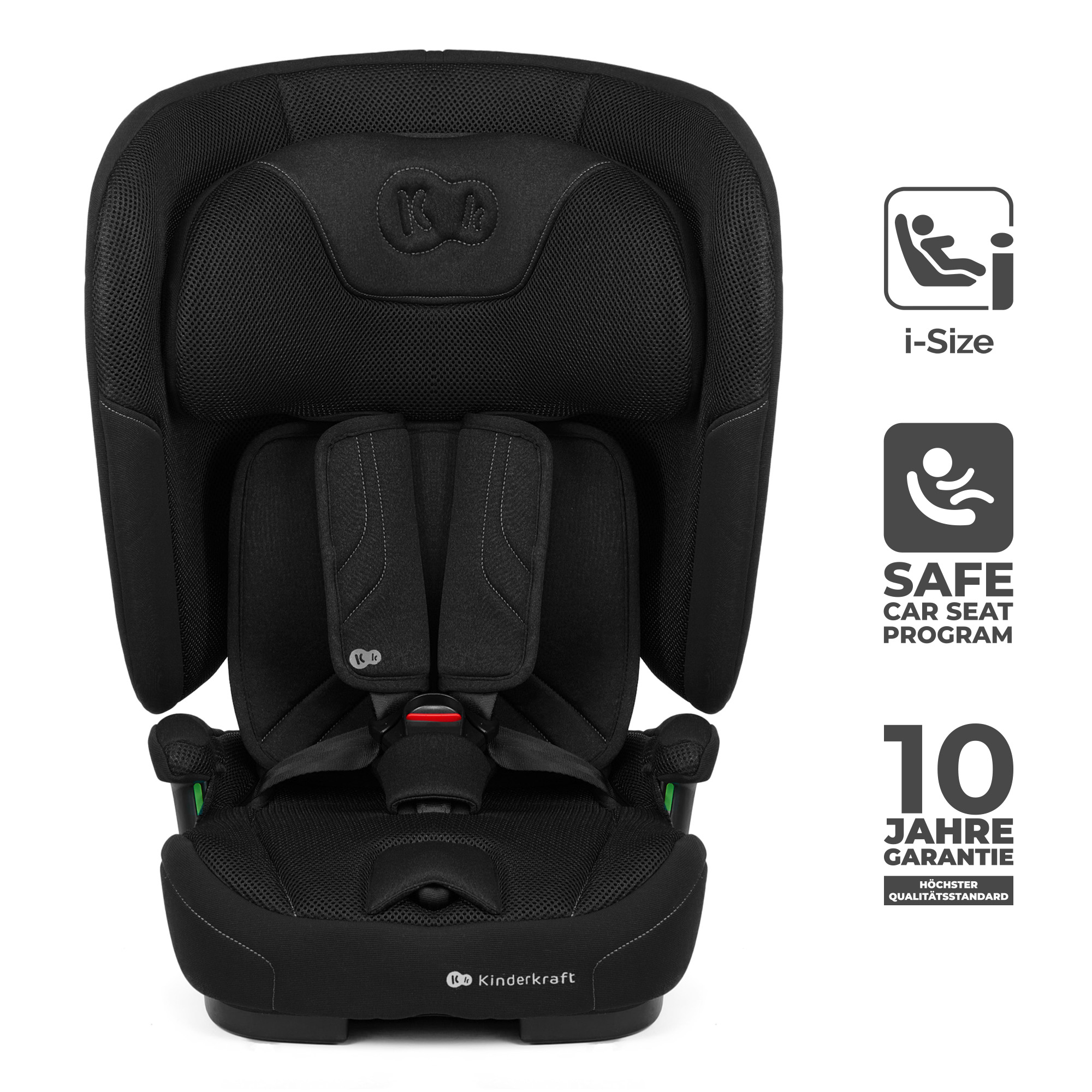Schwarzer Kindersitz mit 5-Punkt-Gurt und Kopfstütze. Logos: i-Size, Safe Car Seat Program, 10 Jahre Garantie.