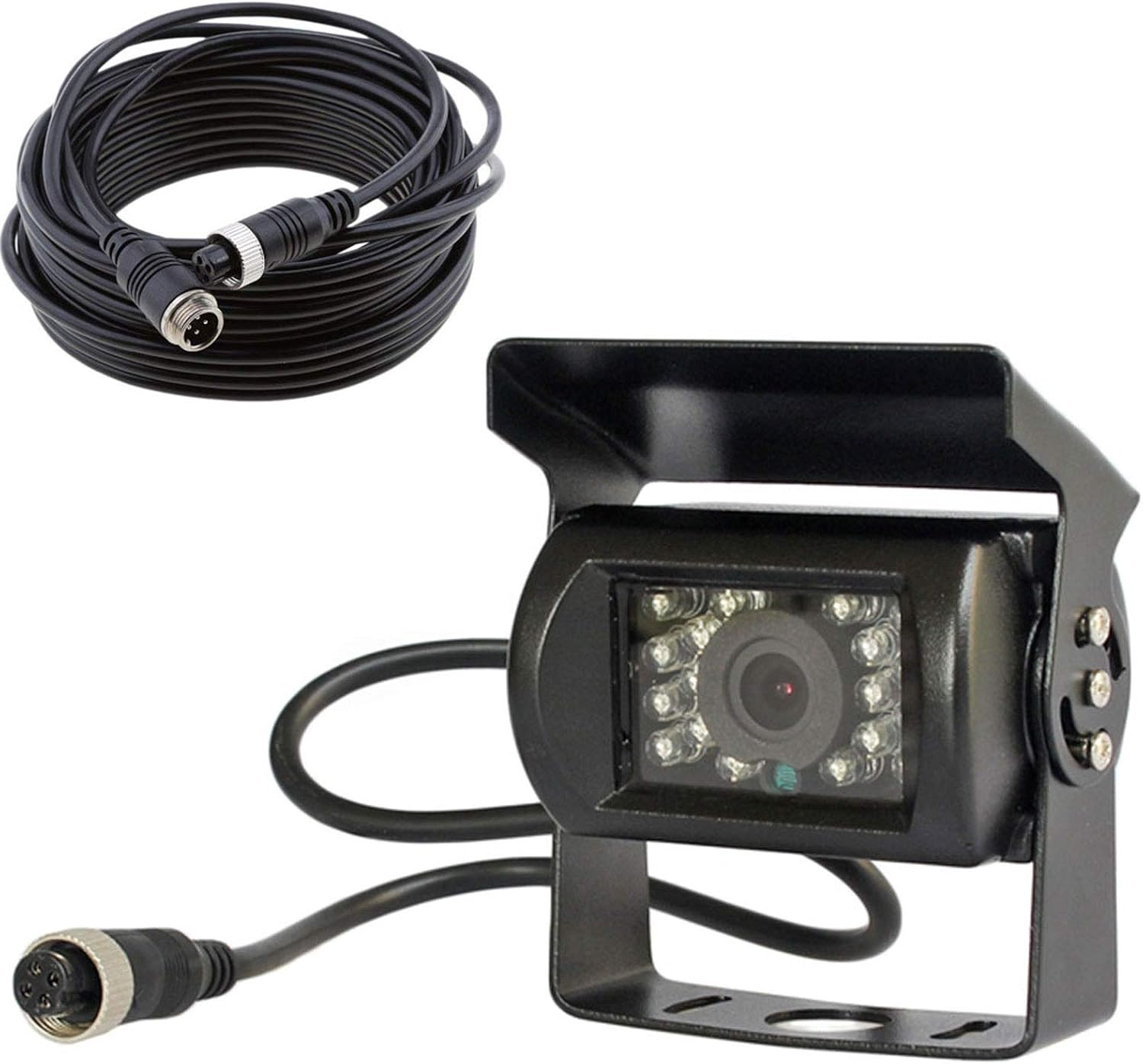 Schwarze Überwachungskamera mit Linsen und LEDs, mit Kabel und Anschluss.