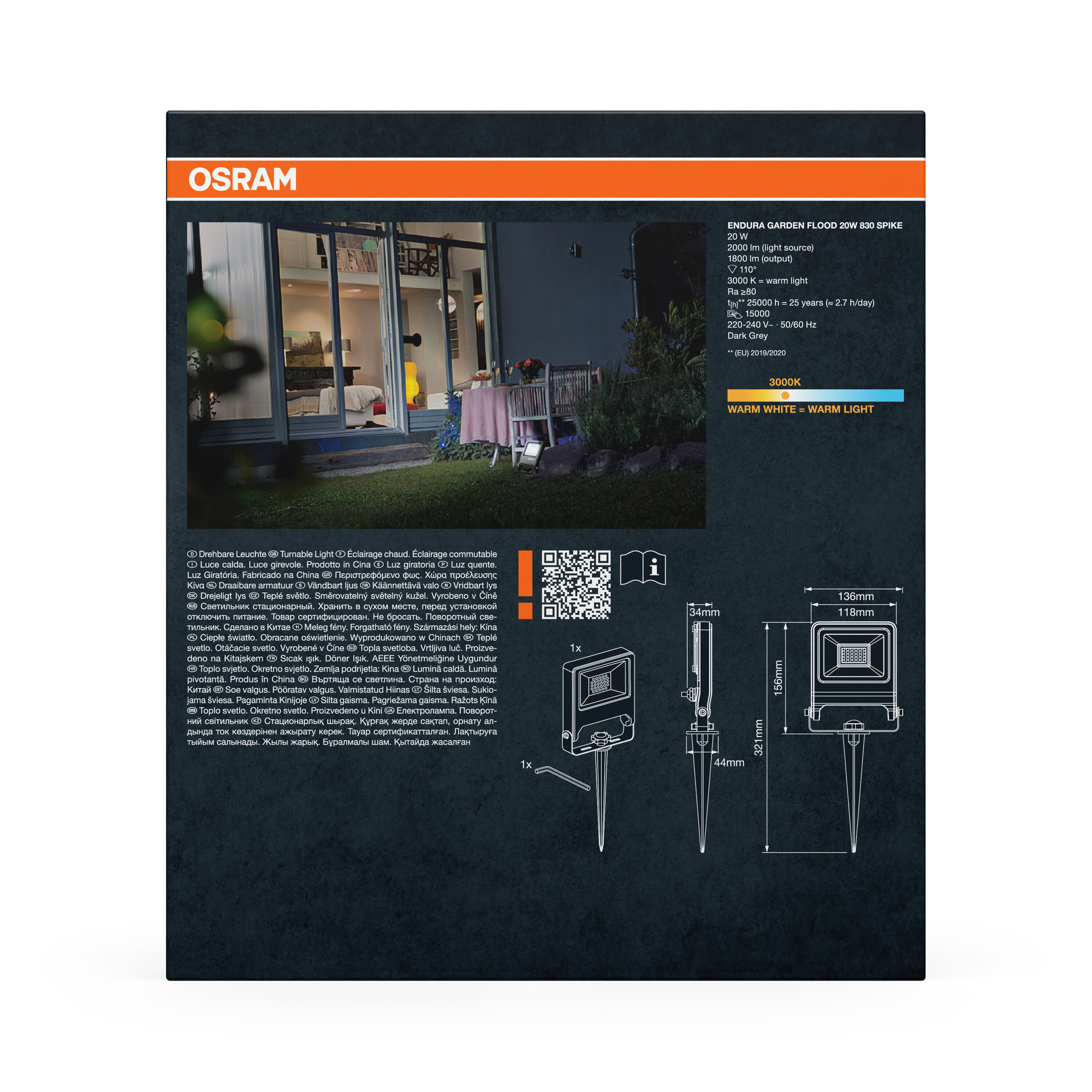 OSRAM Gartenfluter mit Spike, dunkles Grau, 20W, 3000K warmweiß.