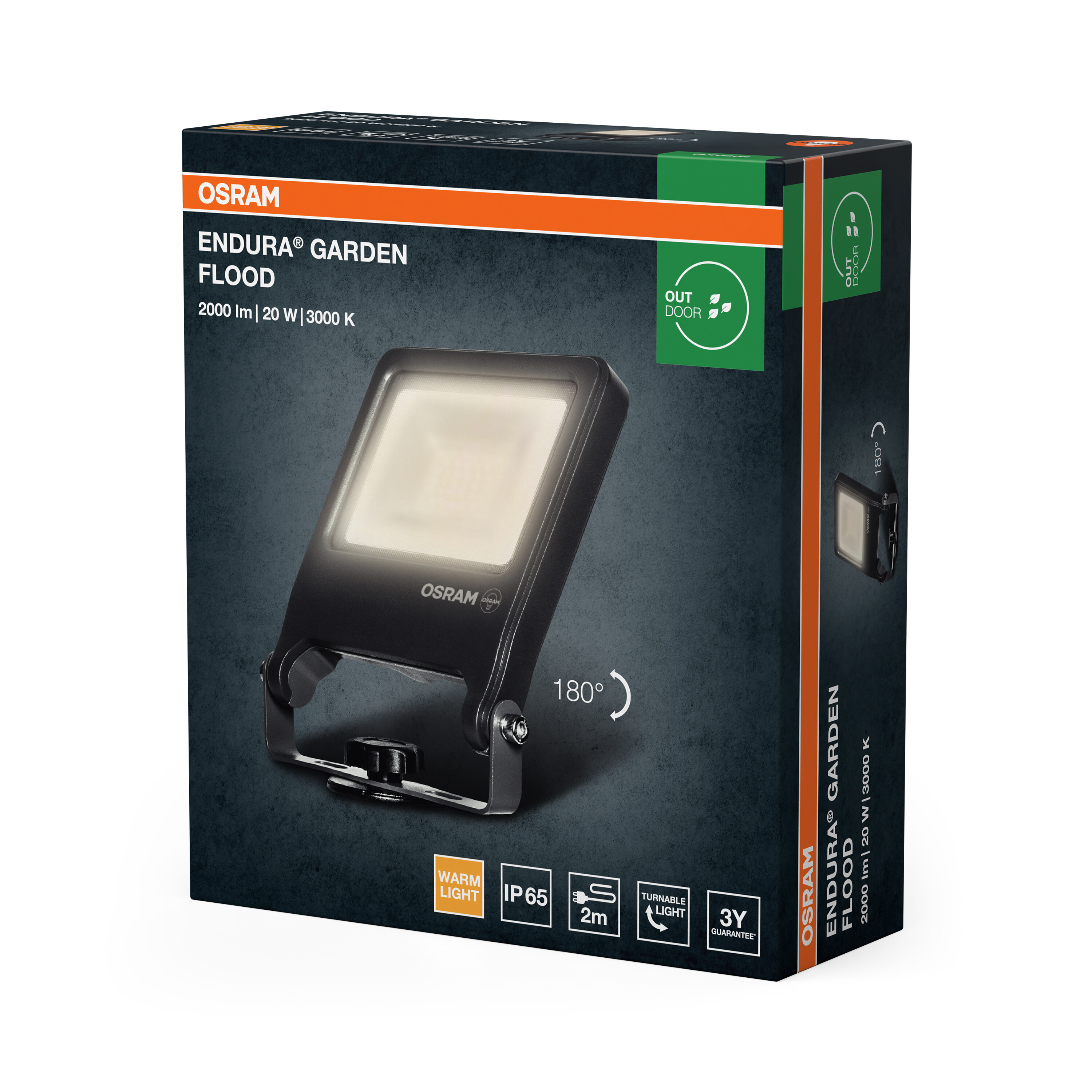 OSRAM Endura Garten Flutlicht, 2000 lm, 20 W, 3000 K, IP65, 2m Kabel, 180° drehbar.