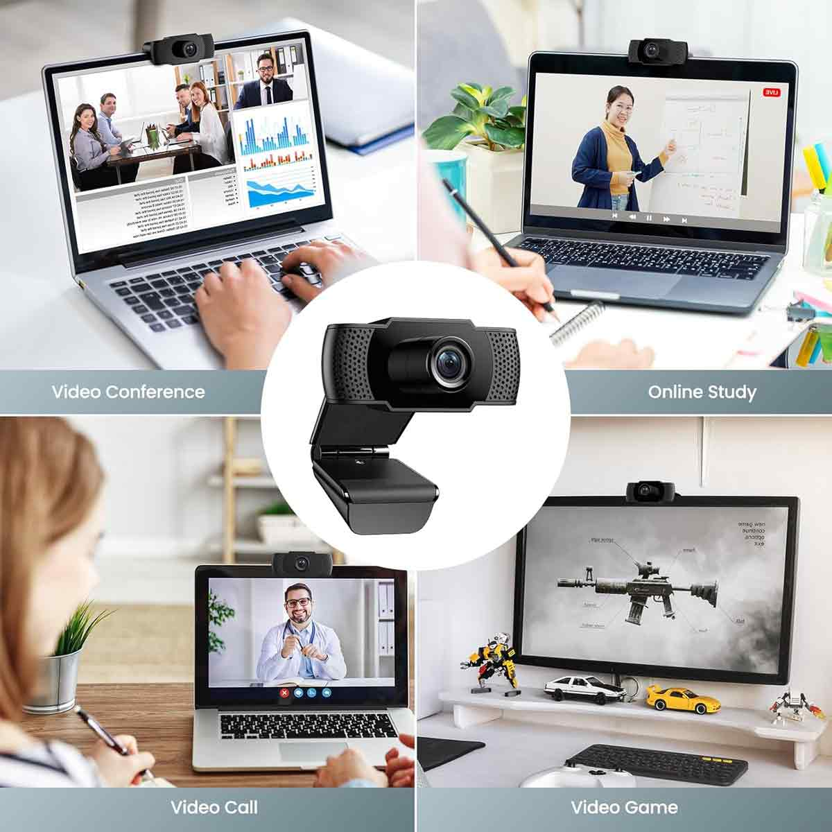 Collage zeigt Webcam-Nutzung: Videokonferenz, Online-Studium, Videoanruf und Gaming-Setup.