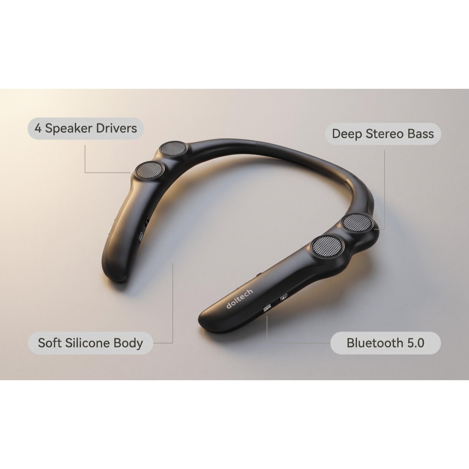 Schwarzer Nackenlautsprecher mit 4 Treibern, Tief-Stereo-Bass und Bluetooth 5.0.