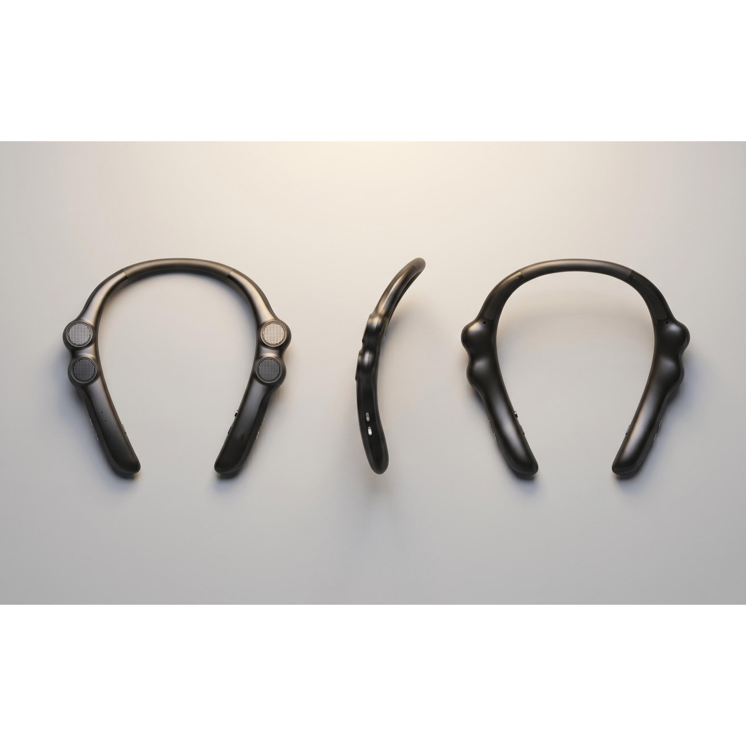 Drei Ansichten eines schwarzen Nacken-Headsets auf grauem Hintergrund.