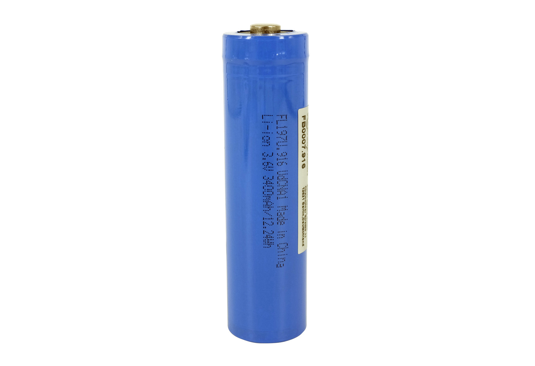 Eine blaue Li-Ionen-Batterie mit Text, die 3,6 V, 3400 mAh Kapazität angibt, hergestellt in China.