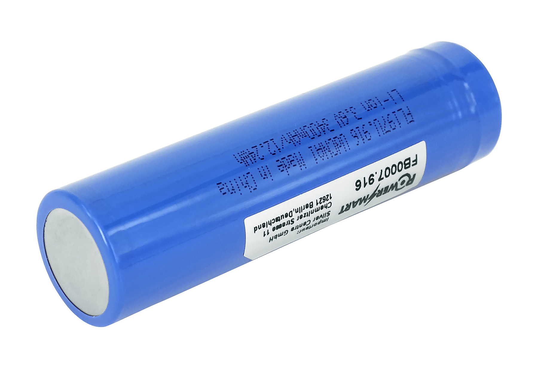 Eine blaue wiederaufladbare Batterie mit Aufschrift 'Power Mart'.