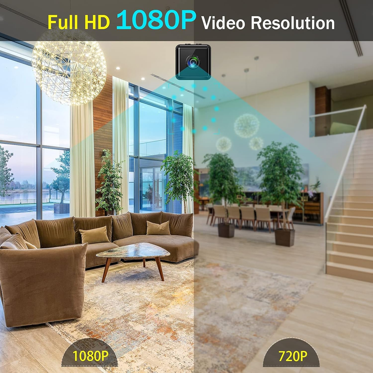 Vergleich von 1080P- und 720P-Auflösungen in einem modernen Wohnzimmer mit Kamera.