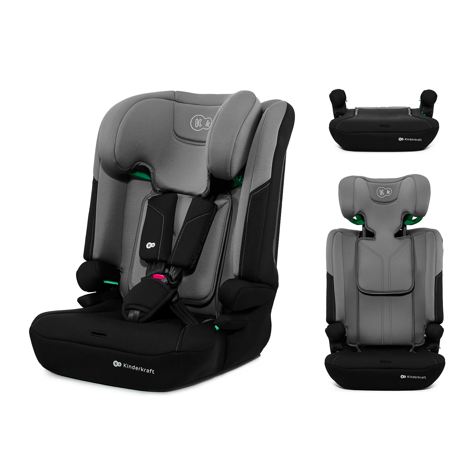 Ein grauer und schwarzer Kinderkraft Autositz mit verstellbarer Kopfstütze und Gurt.