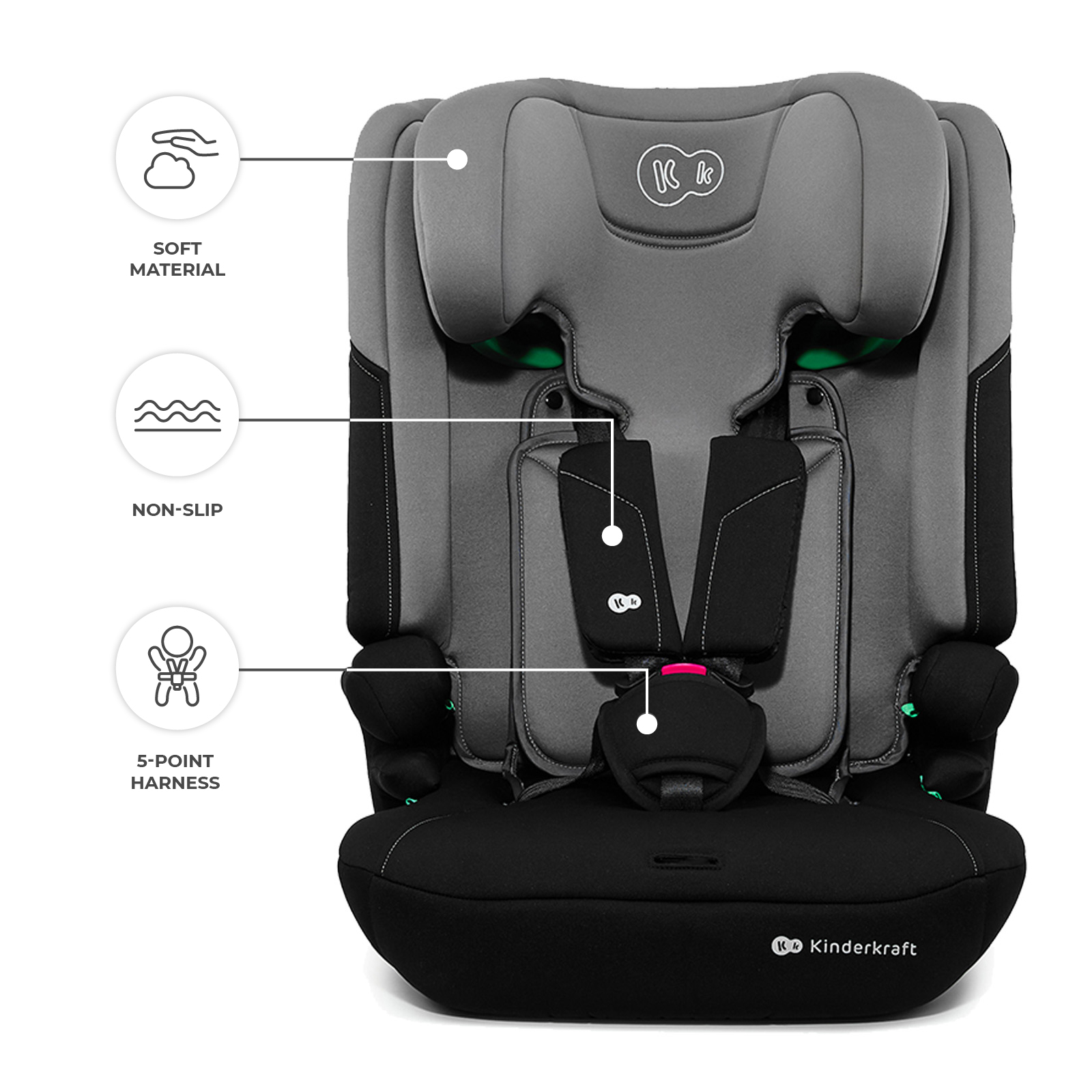 Grauer Kindersitz mit 5-Punkt-Gurt, weichem Material und rutschfester Funktion.
