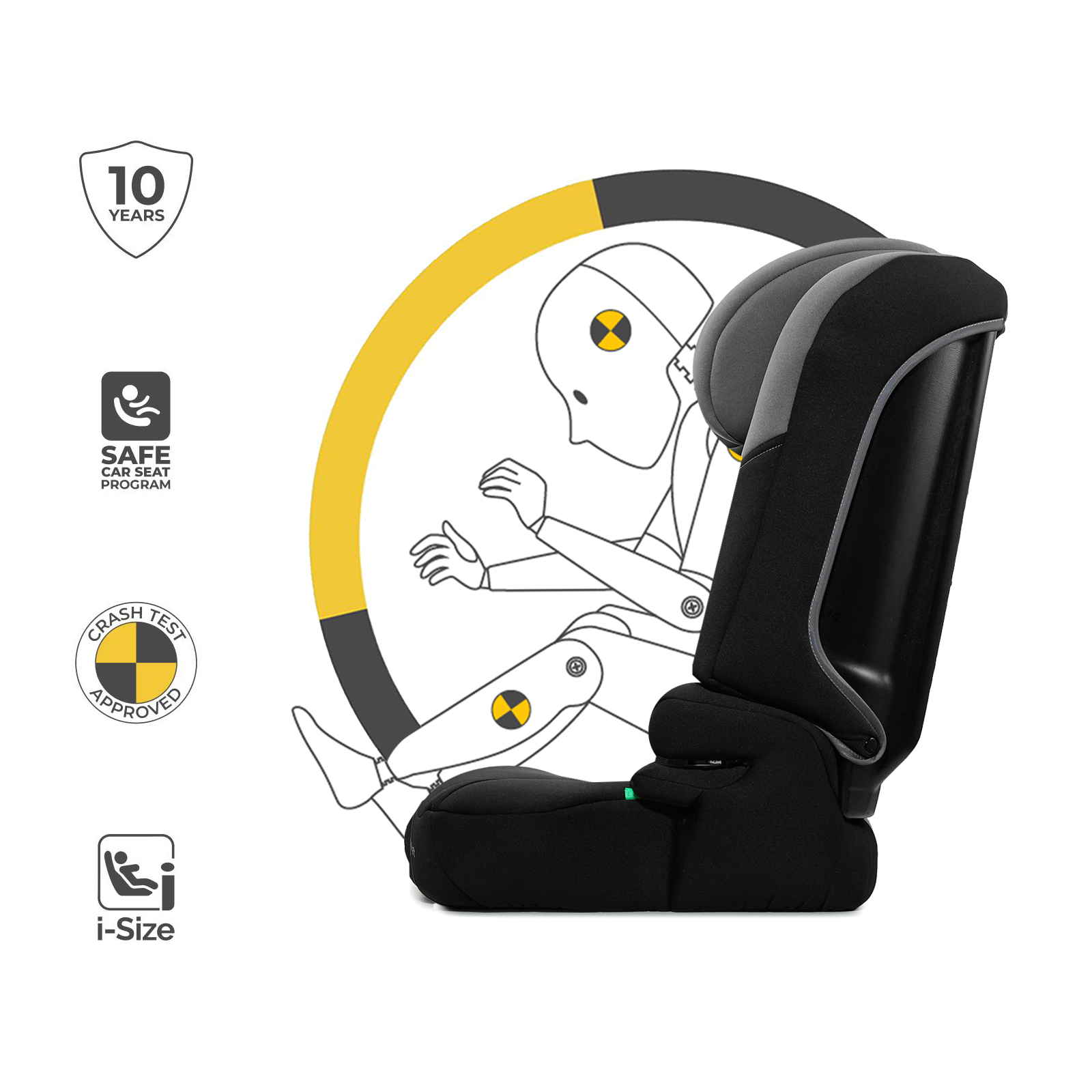 Schwarzer Autositz mit Sicherheitssymbolen: 10 Jahre, Safe Car Seat Program, Crash Test Approved, i-Size.