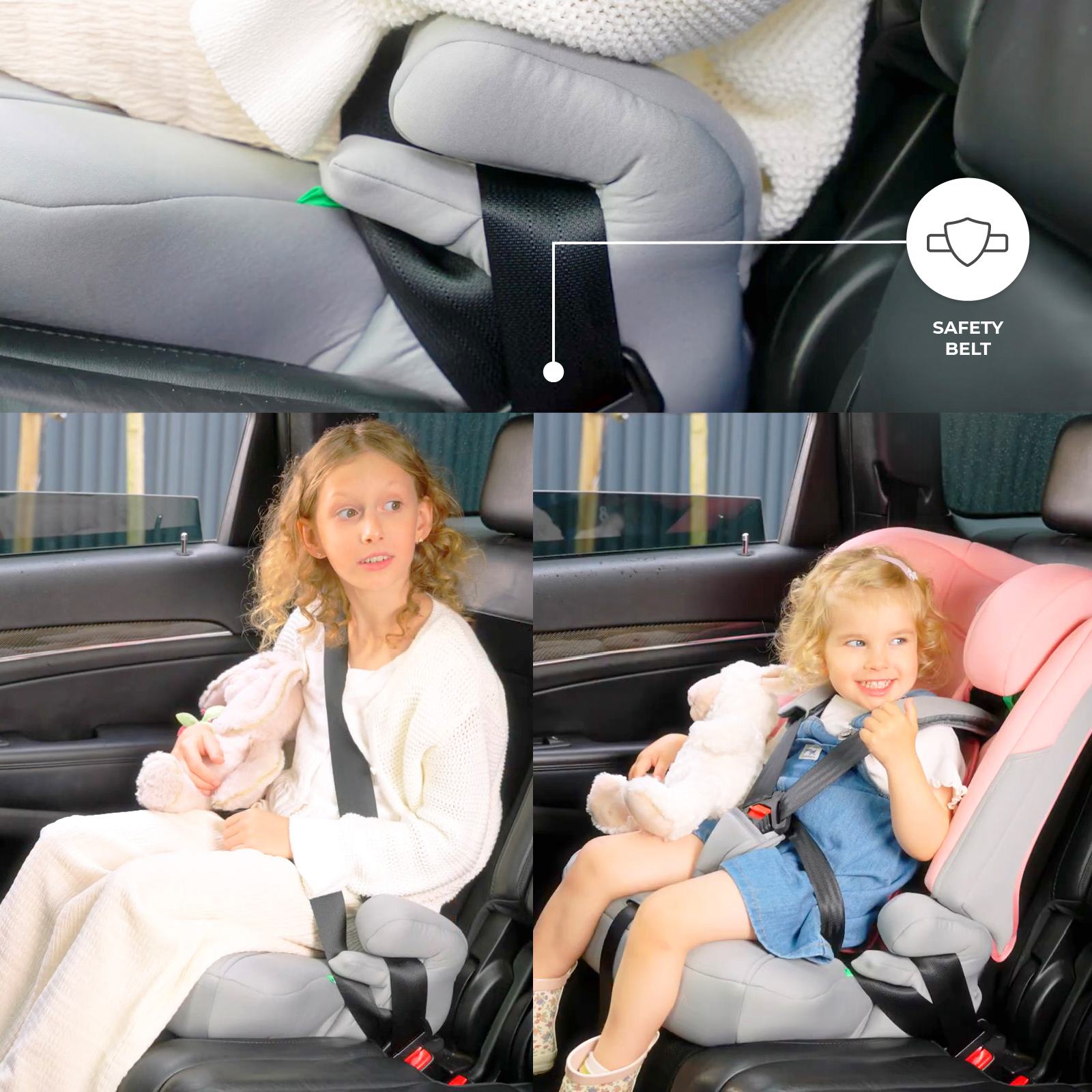 Zwei Mädchen sitzen in Kindersitzen im Auto. Ein Sicherheitsgurt ist sichtbar.