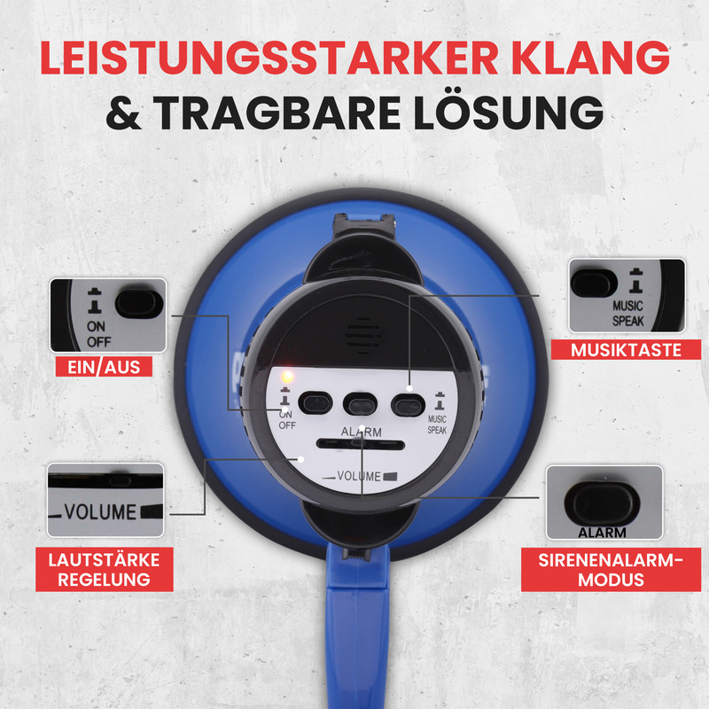 Ein blauer Megafon mit Bedienelementen für Lautstärke, Musik/Sprechen und Alarm.