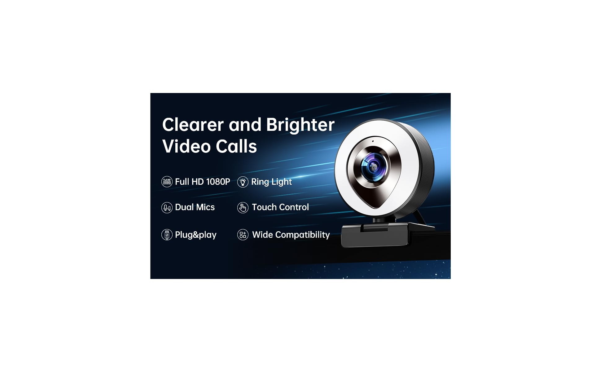 Eine weiße Webcam mit Ringlicht, Voll-HD-Auflösung, Dual-Mikrofon und Touch-Steuerung.