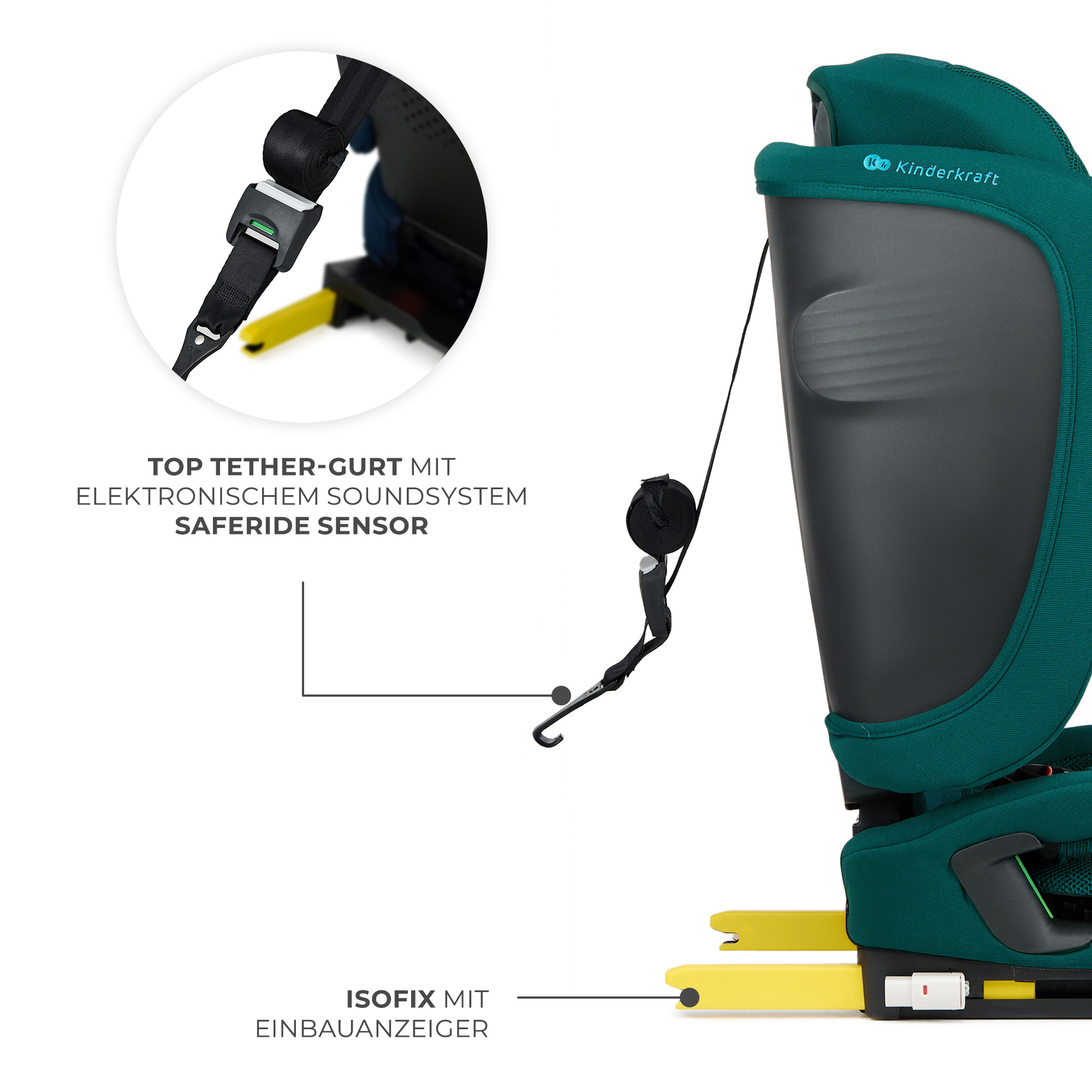 Grüner Kindersitz mit gelben ISOFIX-Armen und einem detaillierten Gurt mit Sensor.