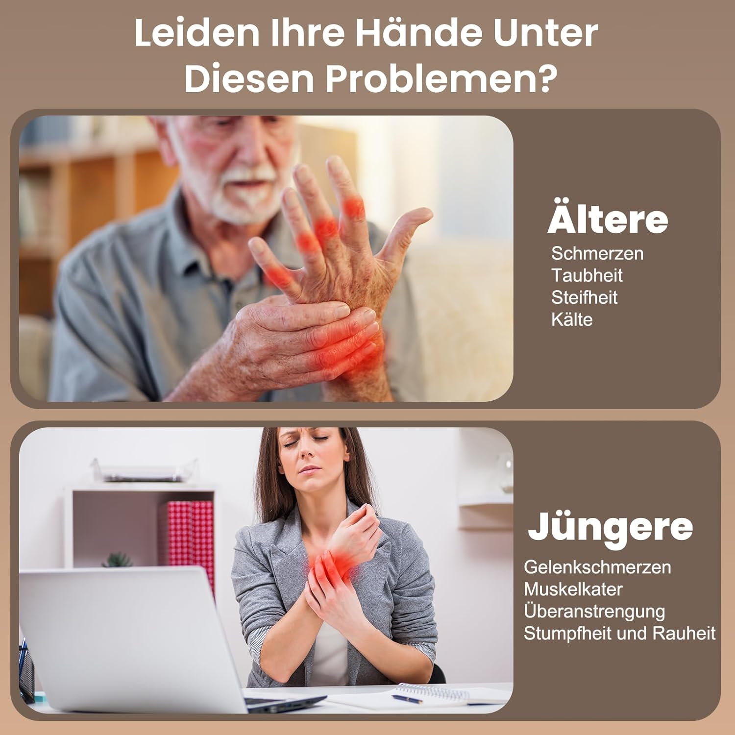 Älterer Mann und jüngere Frau mit roten Markierungen an den Händen.