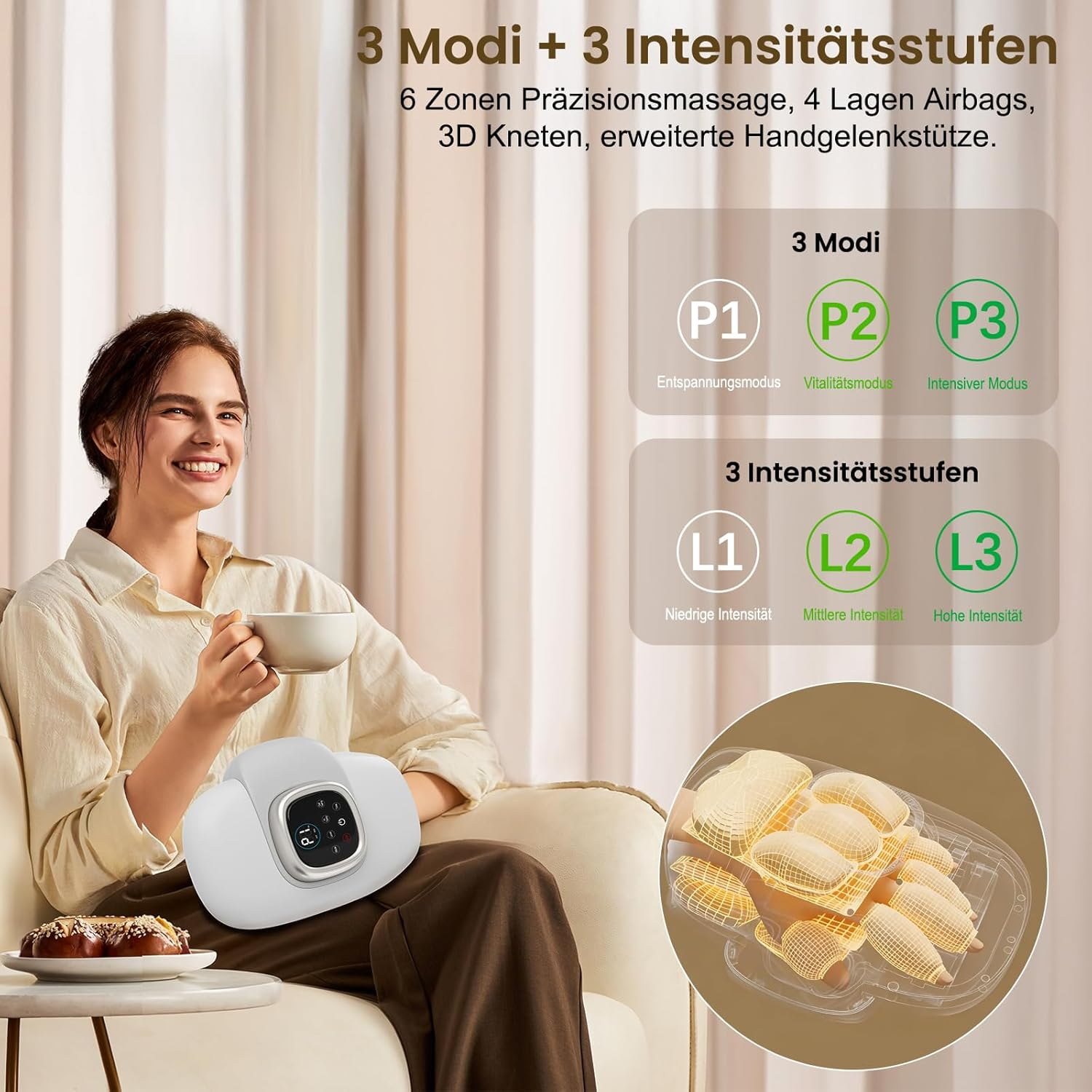 Frau sitzt mit Massagegerät und Tasse. 3 Modi, 3 Intensitätsstufen.