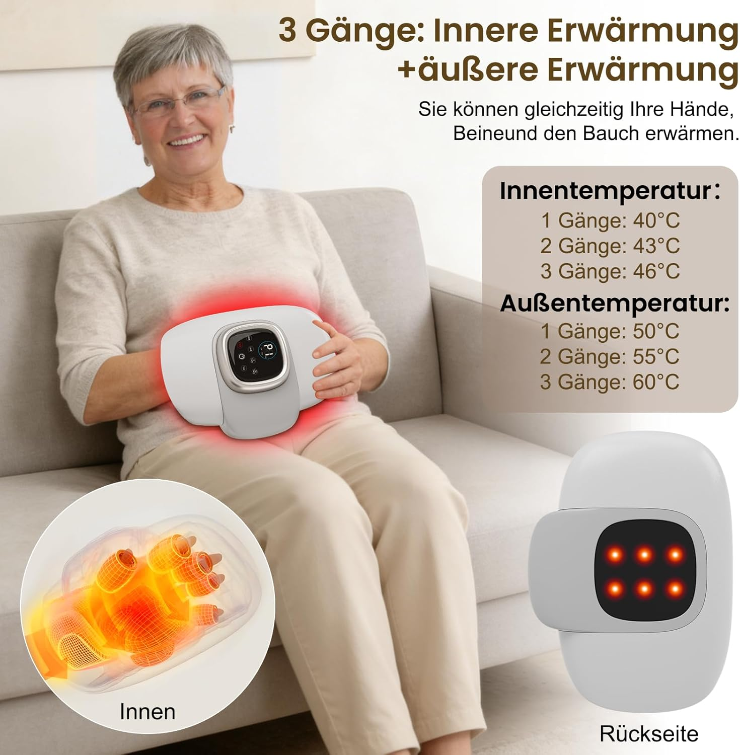 Ältere Frau mit Heizgerät am Bauch, zeigt Innentemperaturen von 40-46°C.