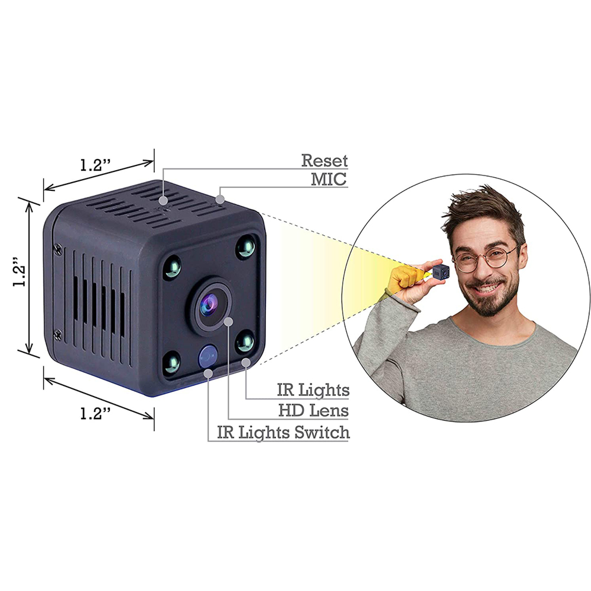 Ein 1,2-Zoll-Würfel-Minicamcorder mit HD-Linse, IR-Lichtern und Mikrofon.