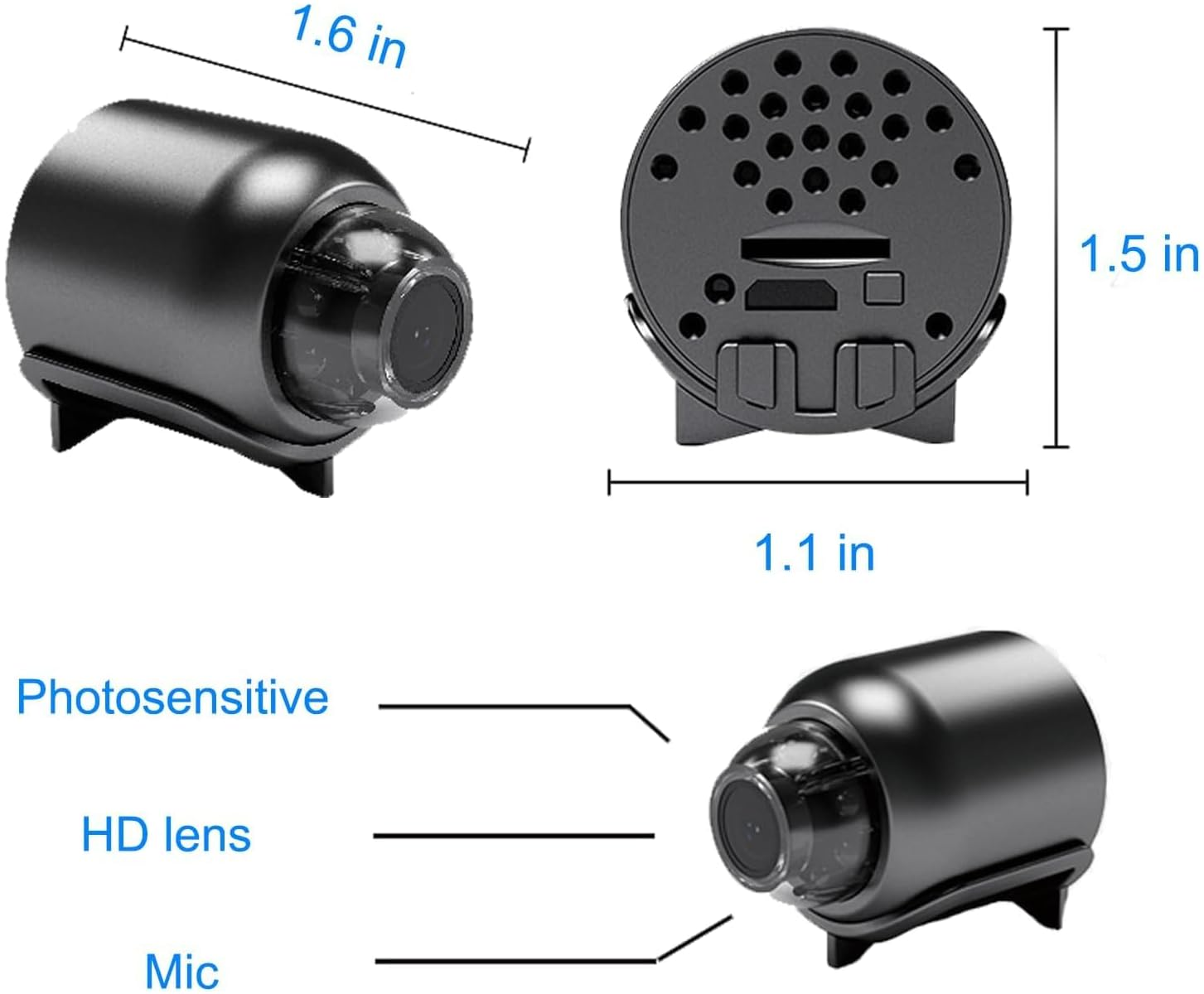 Kompakte schwarze Kamera mit HD-Objektiv, photosensitiv und Mikrofon. Maße gezeigt.