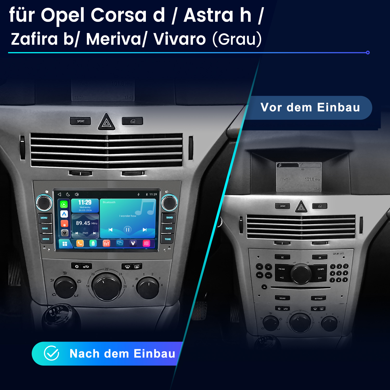 Vergleich zweier Opel-Autoradios: Vor und nach dem Einbau eines neuen Geräts.