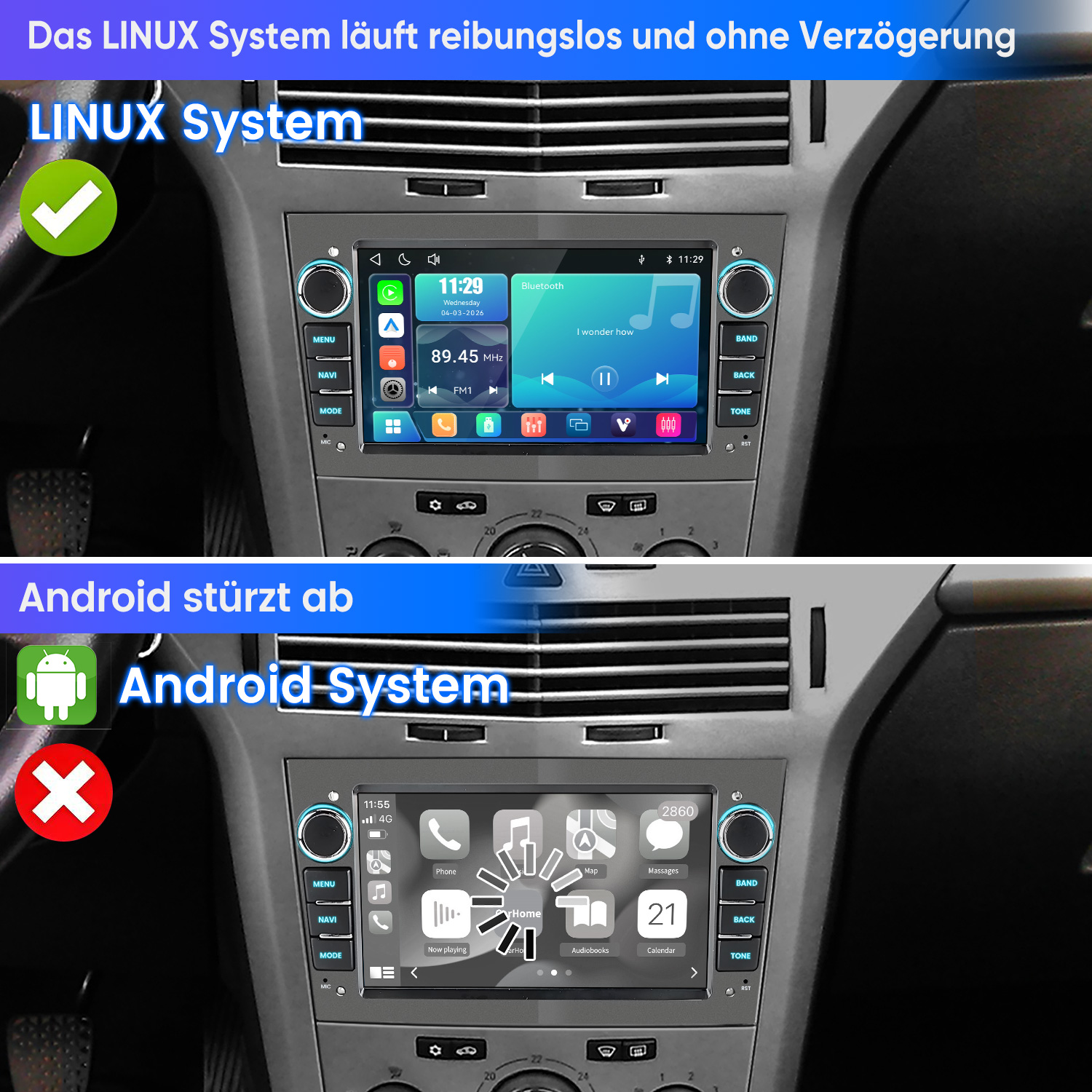 Oben: Linux-System mit grünem Häkchen. Unten: Android-System mit rotem Kreuz.