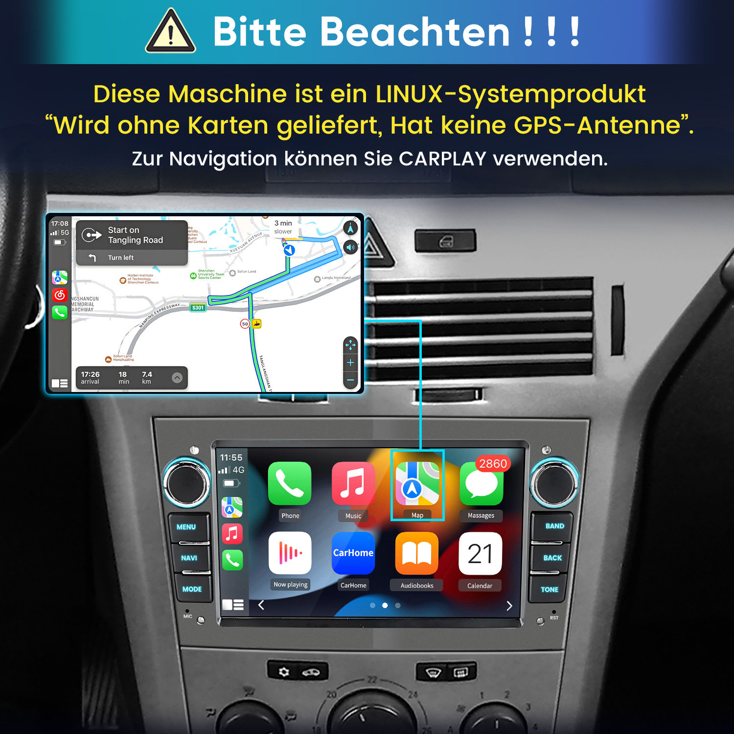 Ein Auto-Infotainmentsystem mit Navigations- und App-Icons