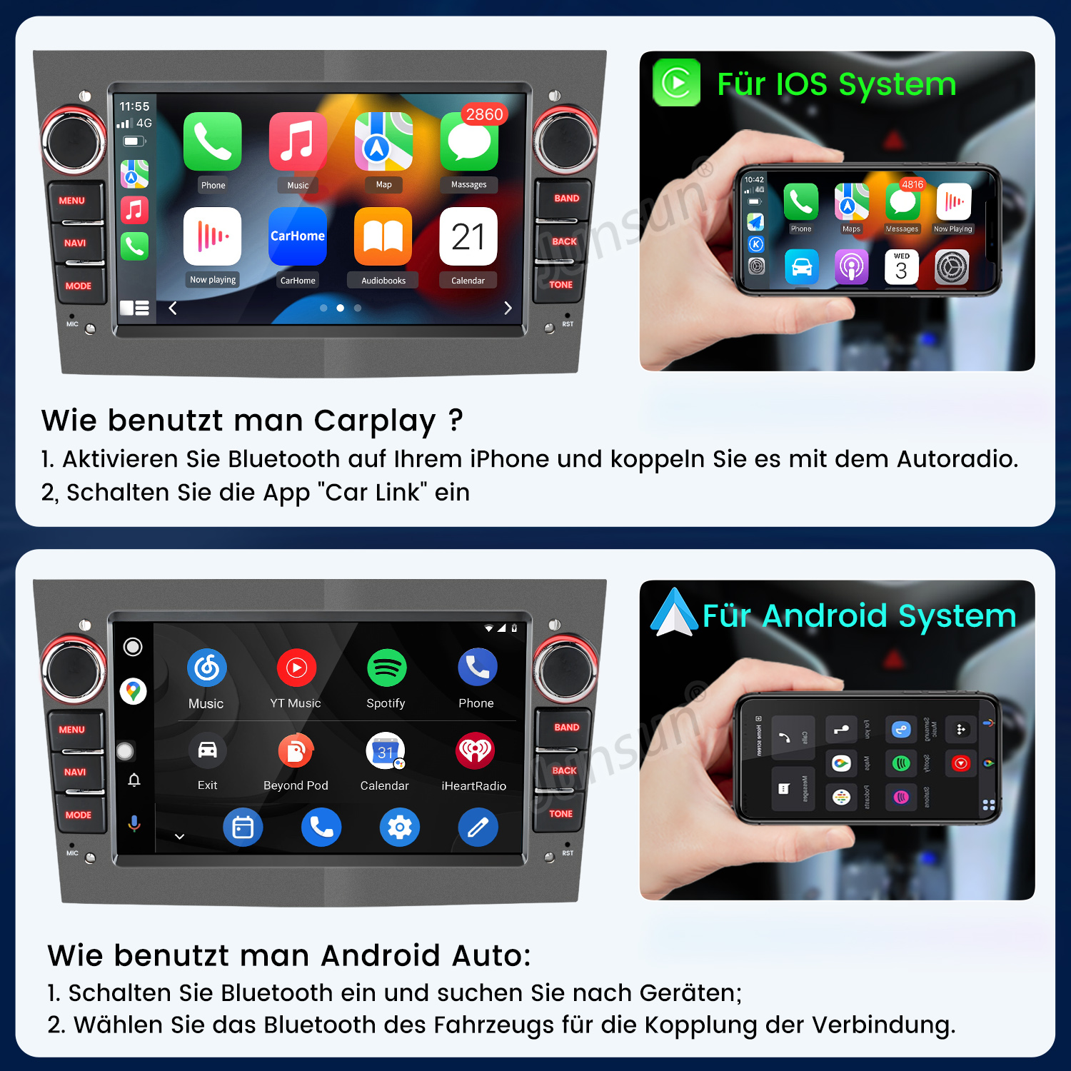 Bildschirm zeigt Carplay und Android Auto Schnittstellen. Links Autoradio, rechts Smartphone.