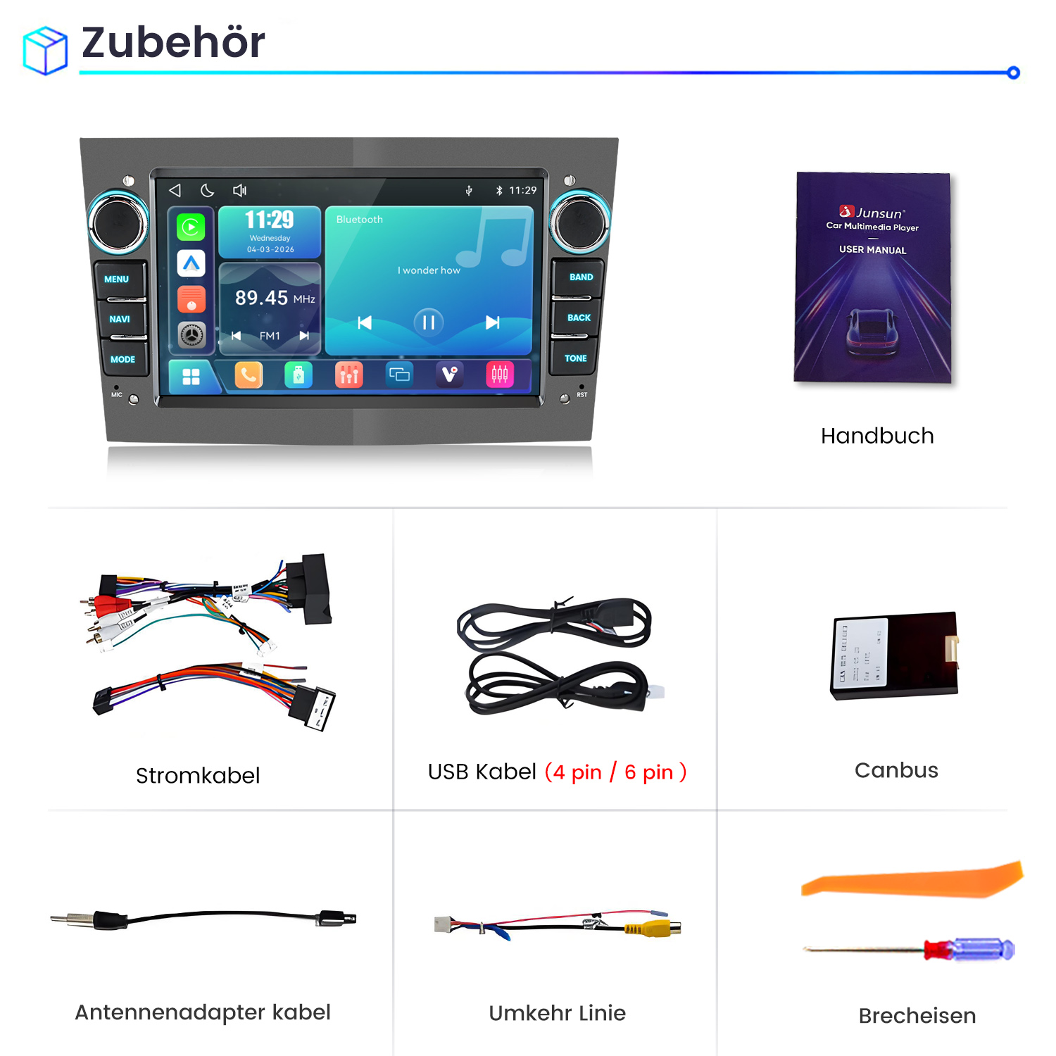 Zubehör: Autoradio-Display, Handbuch, Kabel, Canbus und Werkzeug.