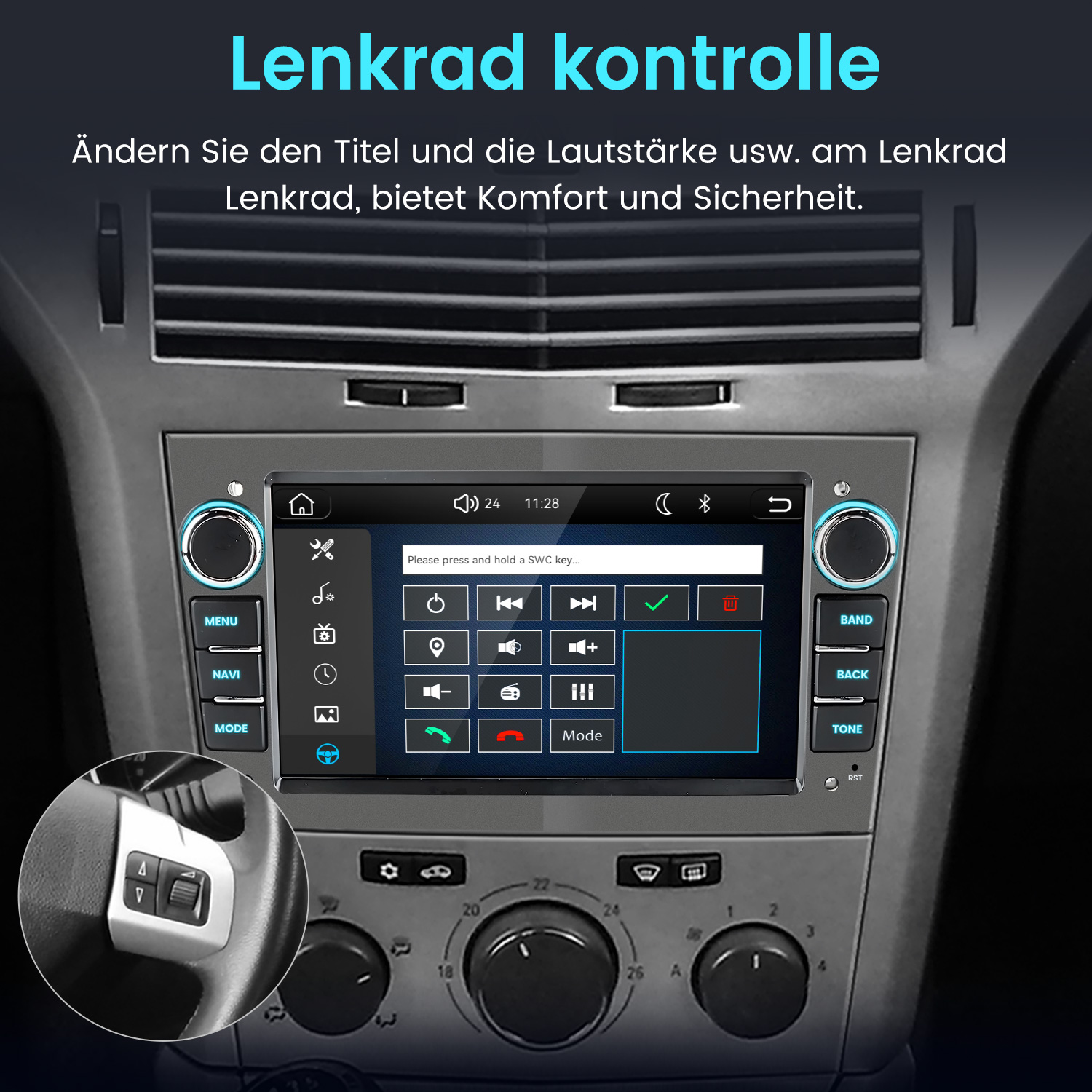 Ein Autoradio mit Touchscreen und Lenkradtasten wird gezeigt.
