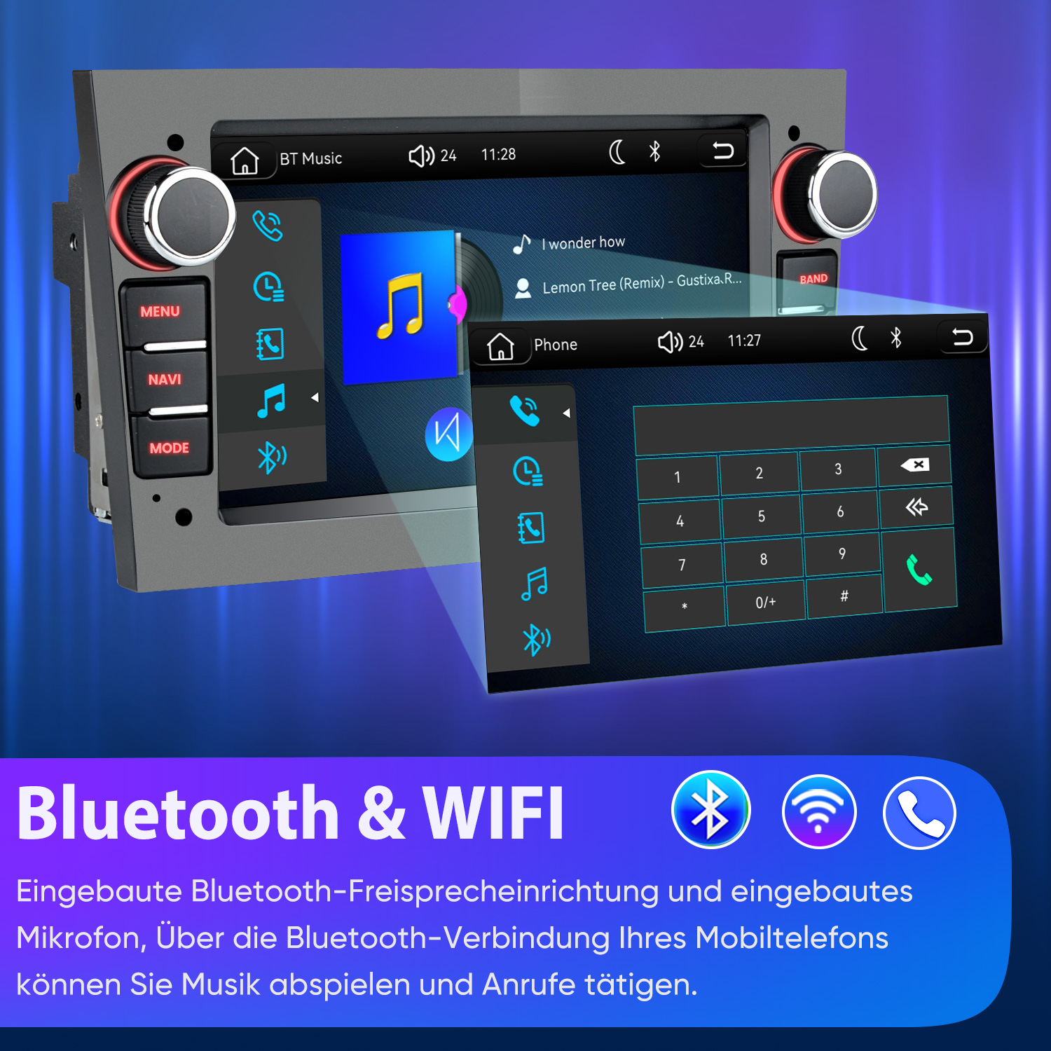 Ein Autoradio mit Touchscreen, das Musik und Telefonie anzeigt. Unten Bluetooth- und WLAN-Symbole.