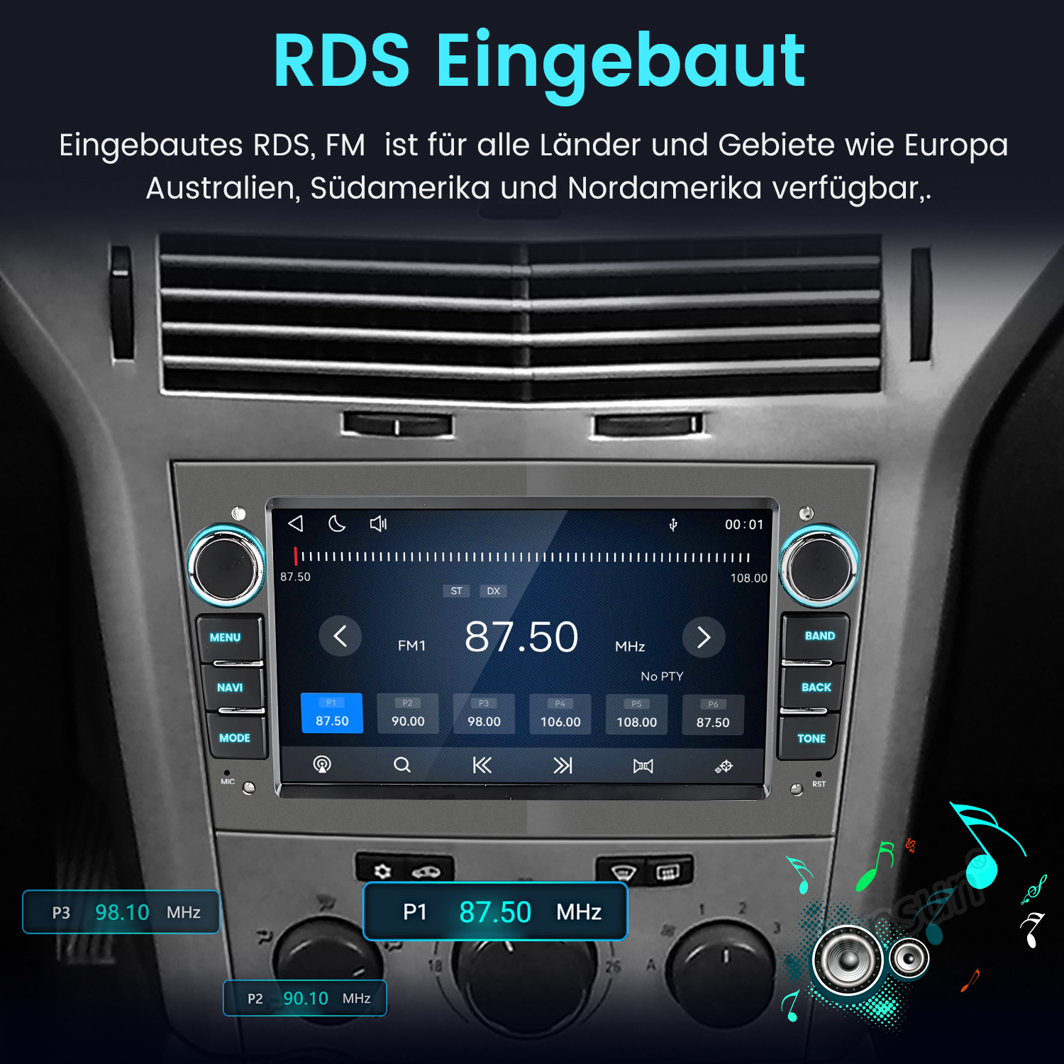 Einbau-RDS-FM-Autoradio mit digitalem Display, das Sender anzeigt.