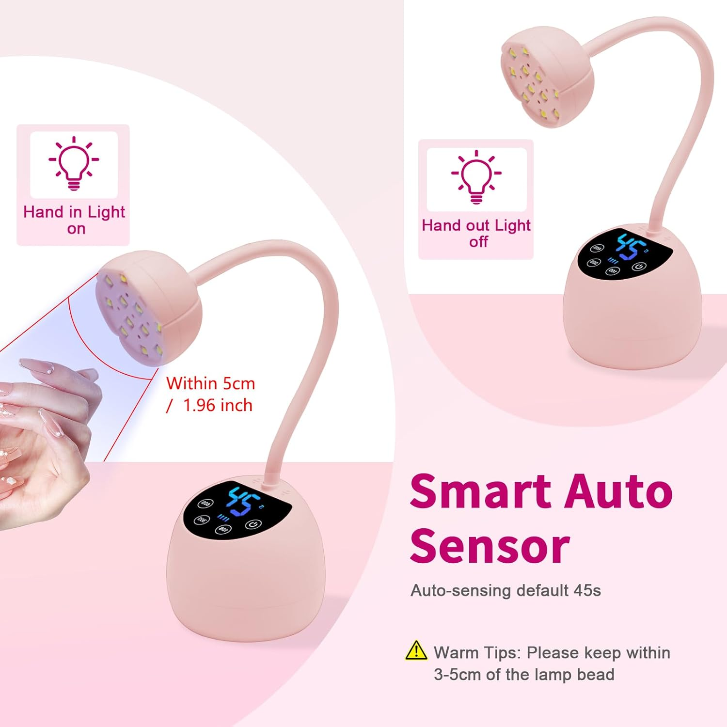 Pinke UV-Nagellampe mit digitaler Zeitschaltuhr. Zeigt Hand im Licht (an) und Hand draußen (aus).