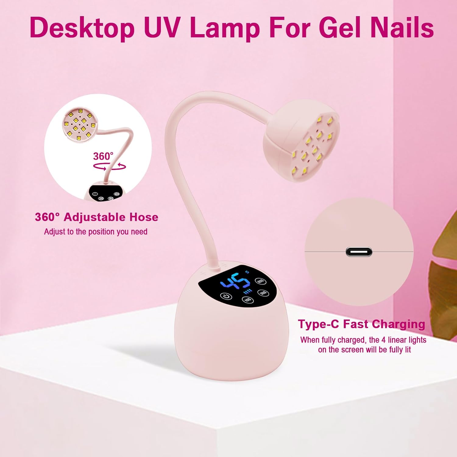 Ein rosafarbener UV-Nagellampentisch mit einstellbarem Schlauch und Timer.